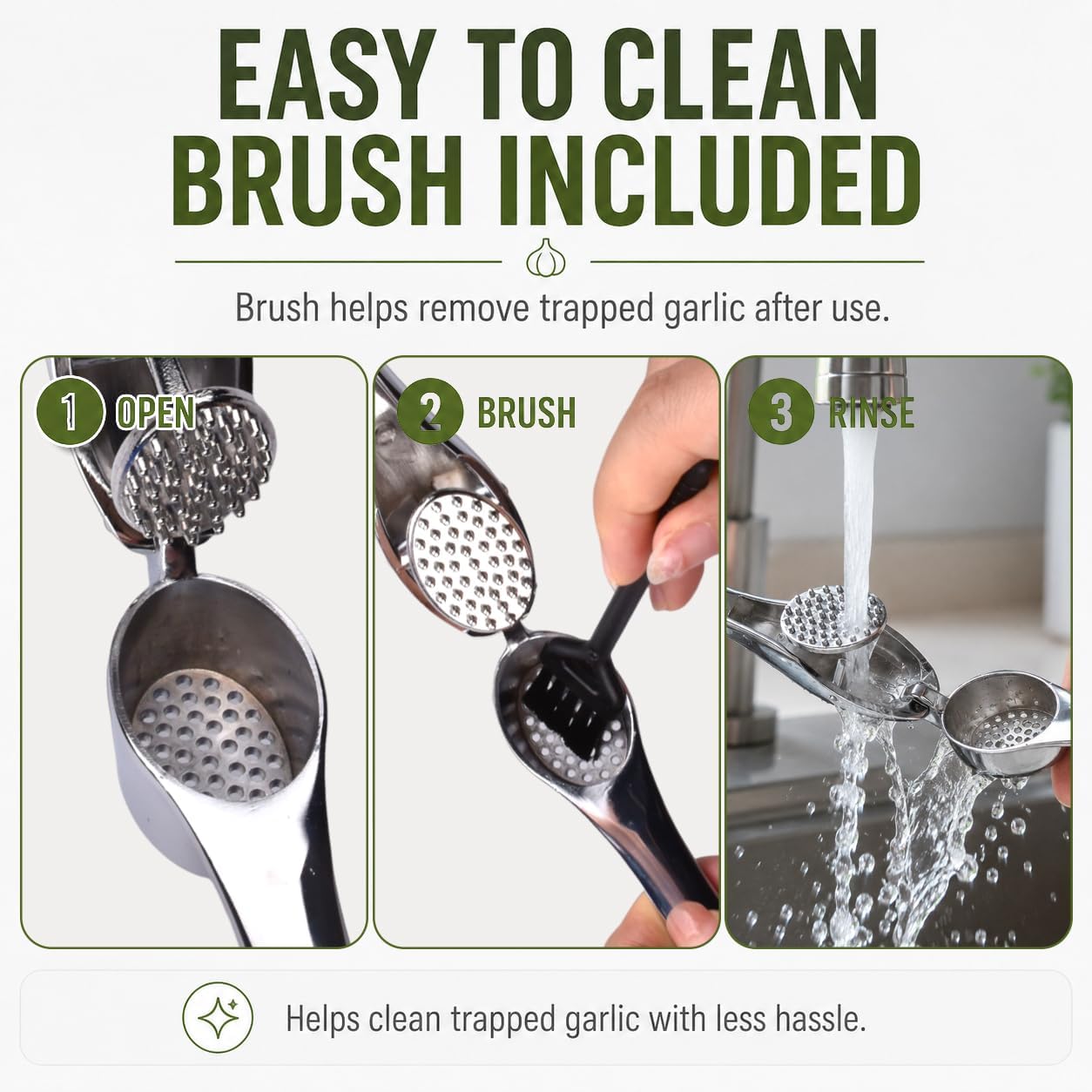 Garlic Press with Cleaning Brush, Zinc Alloy Garlic Mincer, Easy-Squeeze Garlic Crusher with Non-Slip TPR Handle, Mirror Polished Kitchen Tool for Fine Minced Garlic, Garlic Smasher for Daily Cooking
