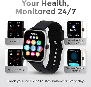 iWatch Silver Smart Watch, 1.85 Touch Screen Fitness Tracker, Men & Women | Black rubber band. AMOLED, Bluetooth calling, heart rate, sleep & step tracking, 3ATM water resistant, iOS & Android