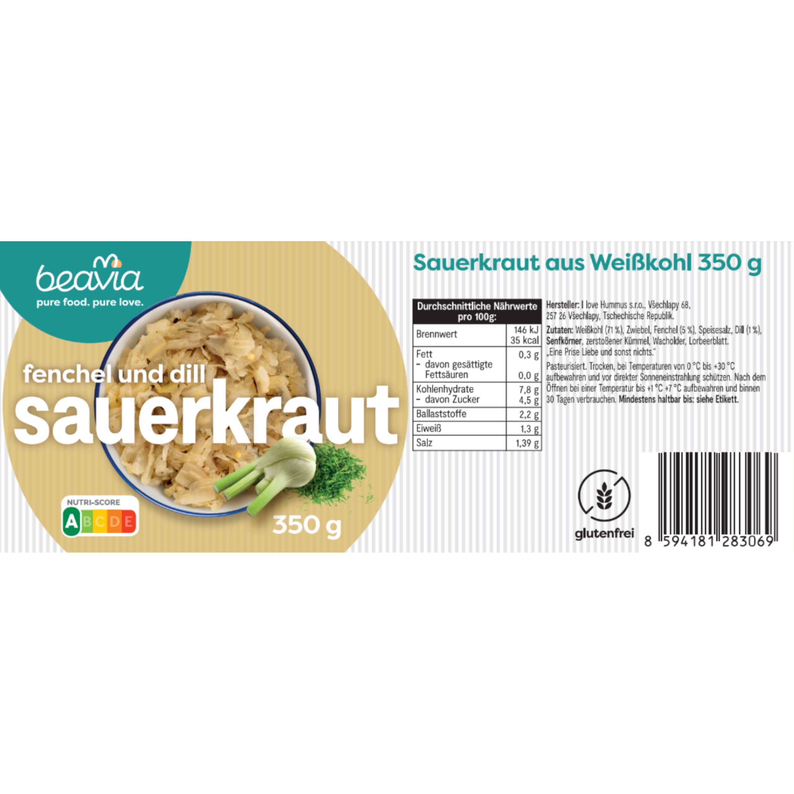 Beavia Fermentiertes Sauerkraut mit Fenchel & Dill 6x350g Ungekühltes Weißkohl Gemüse im Glas Vegan