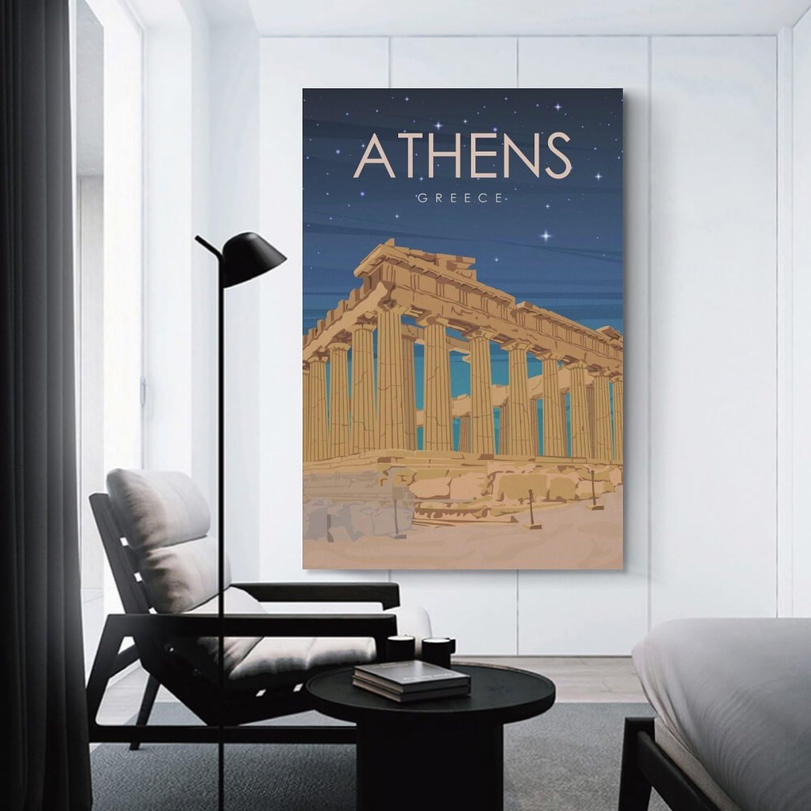 Junmoney Athens Greece at Night Canvas Wall Picture, 20x30inch(50x75cm), for Entrance Spaces, Stair Walls Or Halls, A Stylish Accent for Home Entrances