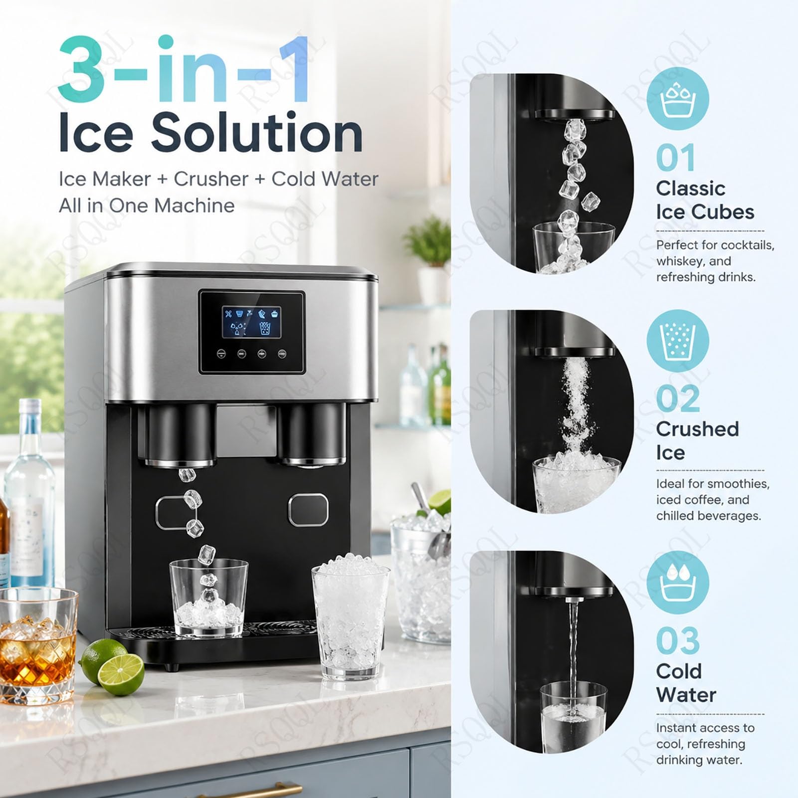 Máquina de hielo for encimera 3 en 1, acero inoxidable | Con ventana de visualización, produce cubitos de hielo, hielo triturado y agua fría, ciclo de 8 a 12 minutos.(Blue)