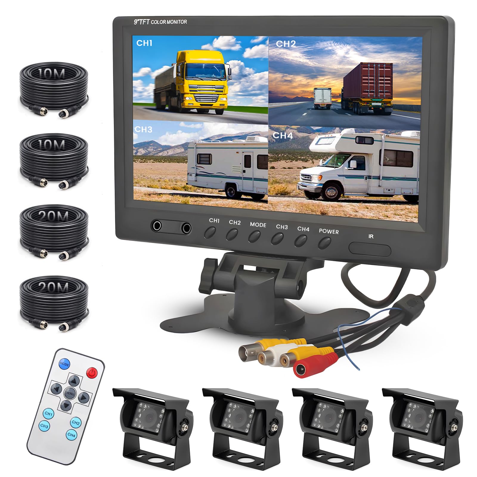 Cámara Marcha Atrás 4 Cámaras con Monitor 9 Pulgadas | Impermeable, Visión Nocturna, 4 Kabel Kamera mit 2x10m + 2x20m Kabel für LKW/Anhänger/Bus/Van 12-24V