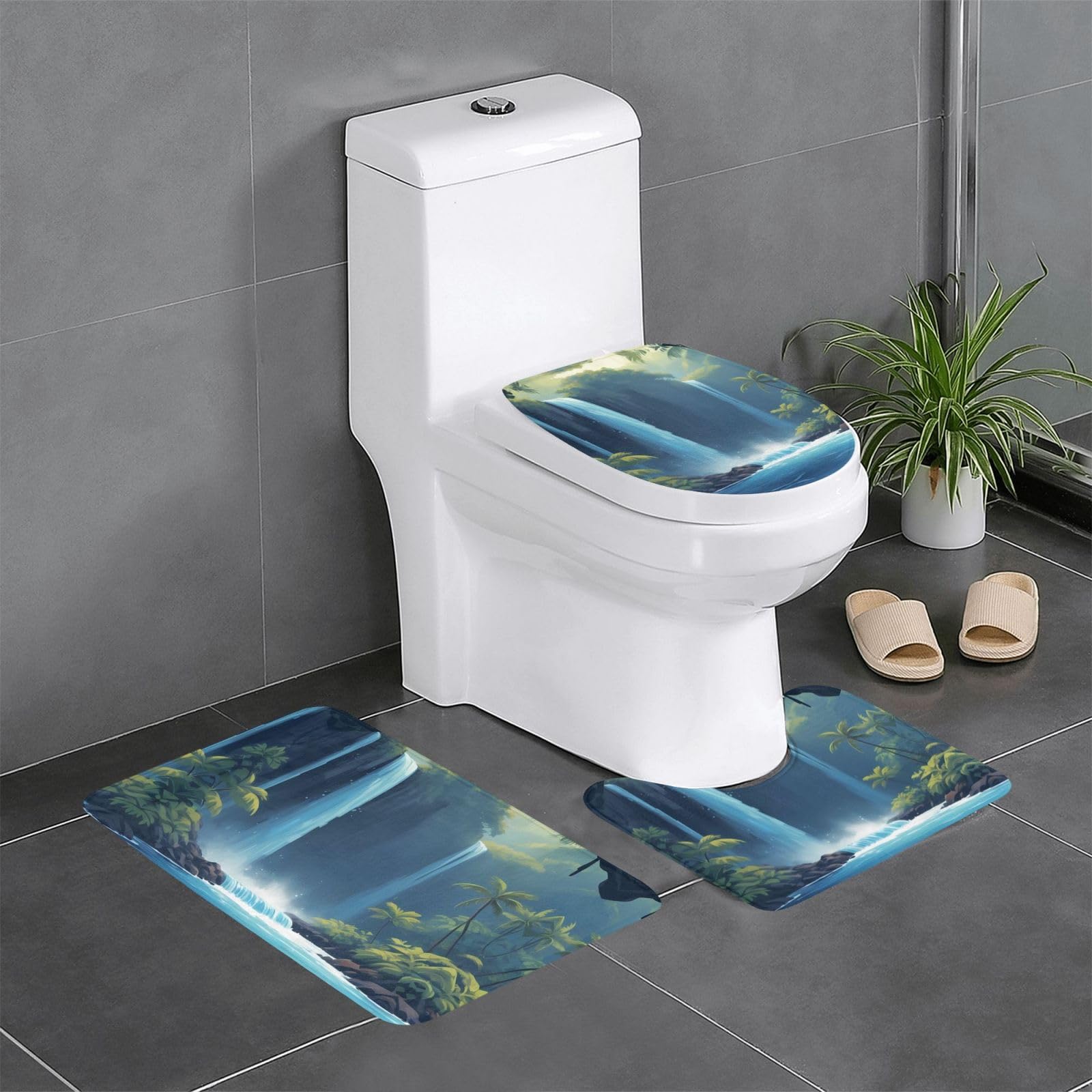 Tapis de salle de bain lot de 3 cascade bleu avec contour WC et rectangle