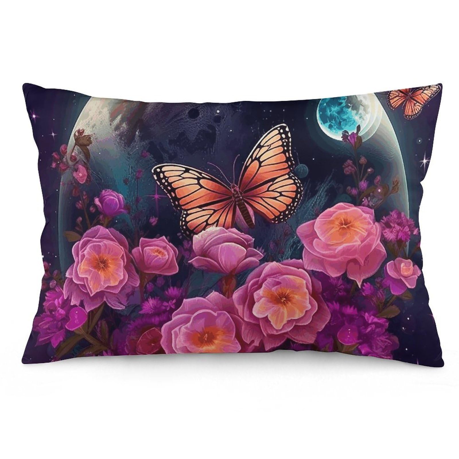 2 Pack Pillow Cases for Hair and Skin, Soft Breathable Pillow Case Covers with Hidden Zipper, Moon Flowers and Butterflies Pillowcase 12 "x20 Pillow Covers for Sleeping Gift