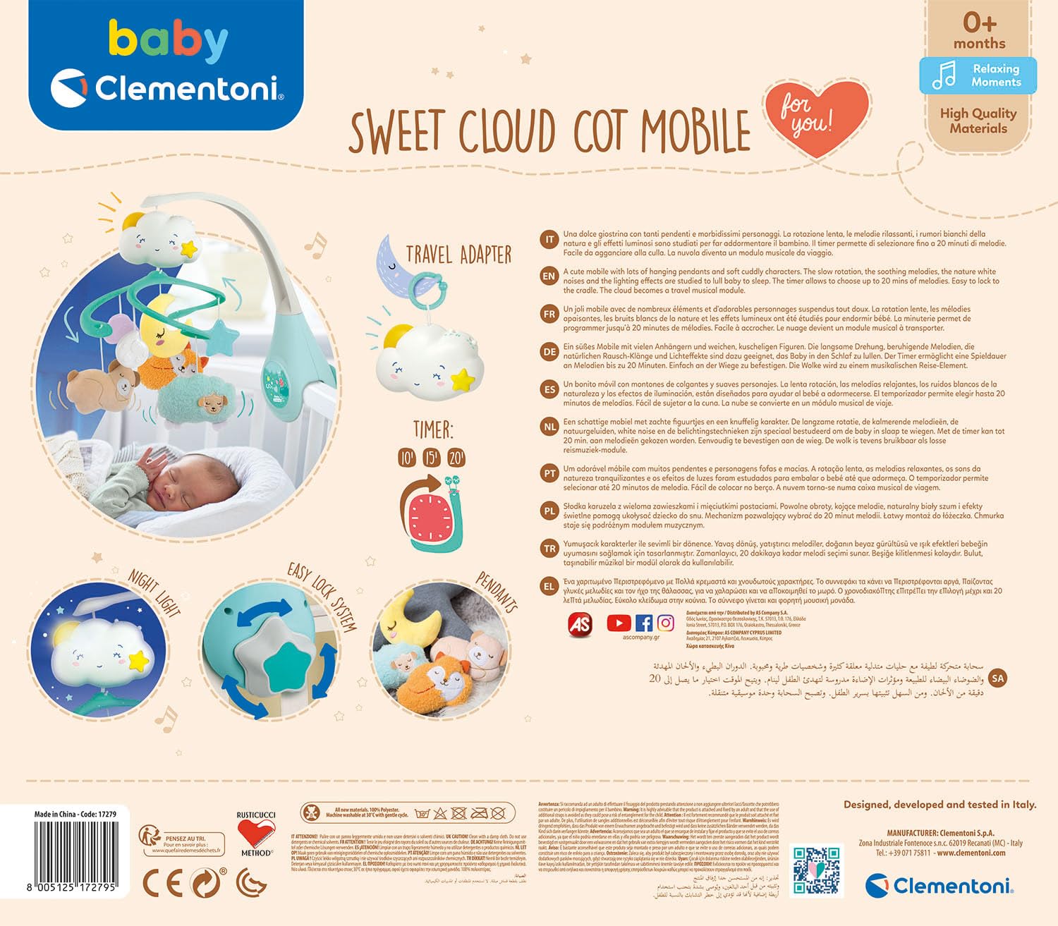 Clementoni Sweet Cloud-Mobile Musical pour Berceau de bébés avec Peluches, 0 Mois et Plus, 17279, Multicolore