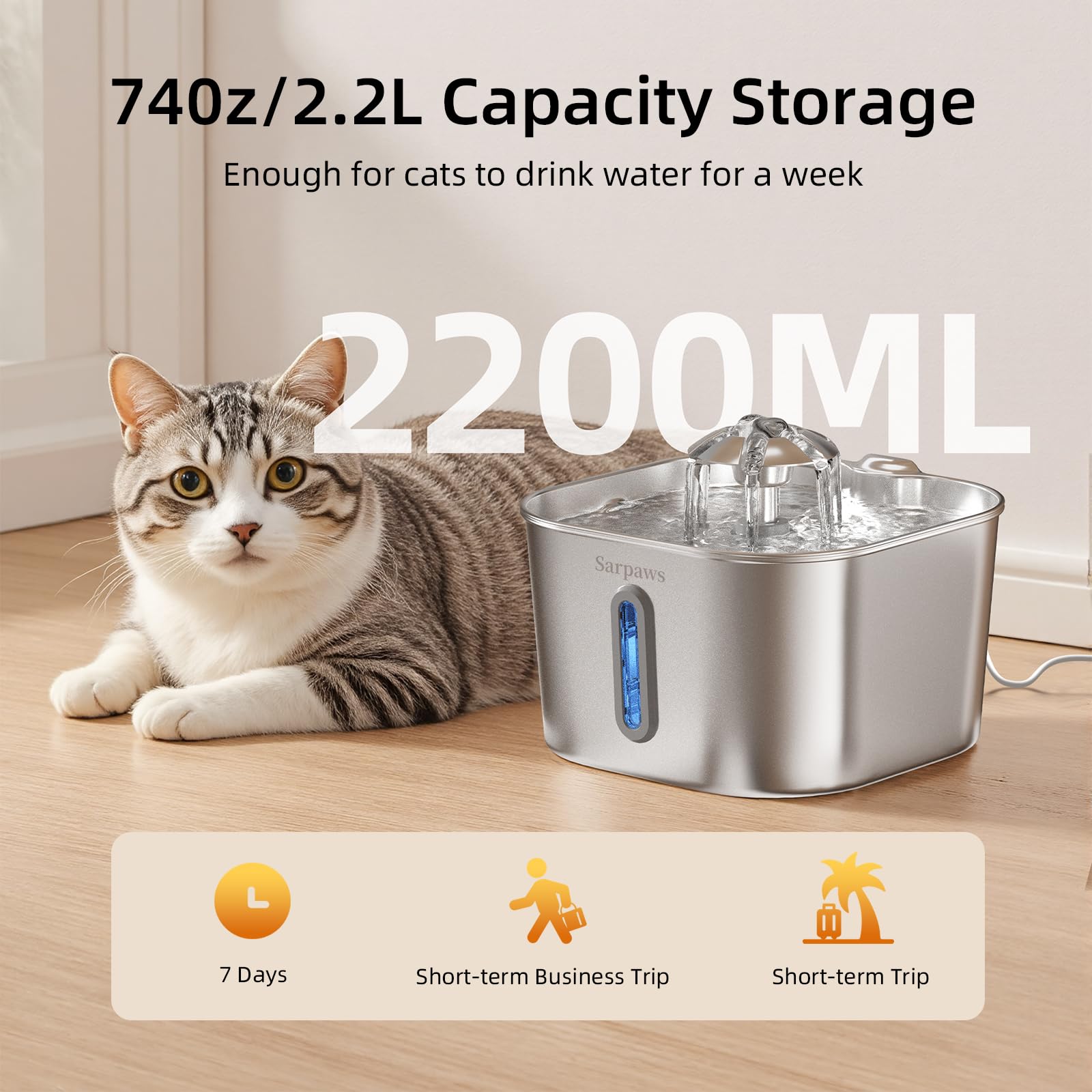 Cat Water Fountain Stainless Steel：74oz/2.2L Water Fountains for Cats Indoor, Cat Fountains for Drinking, Ultra-Quiet, Water Level Window, Pet Water Fountain - 2 Filters + 2 Sponges - image 4