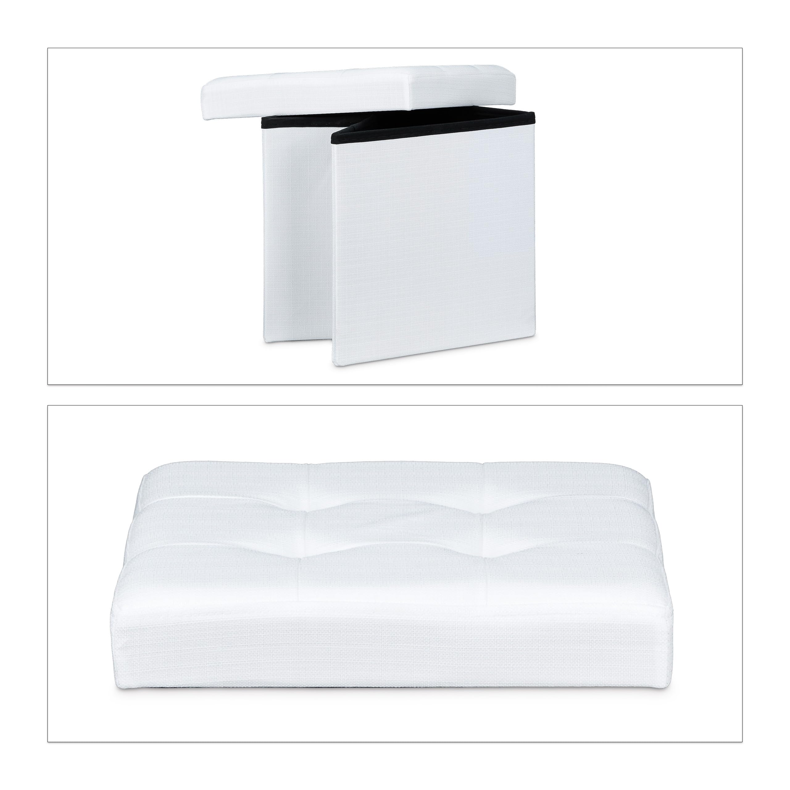 Relaxdays Pouf Pieghevole Con Contenitore, Sgabello a Forma di Cubo, Lino, Coperchio Rimovibile, 38x38x38 cm, Bianco