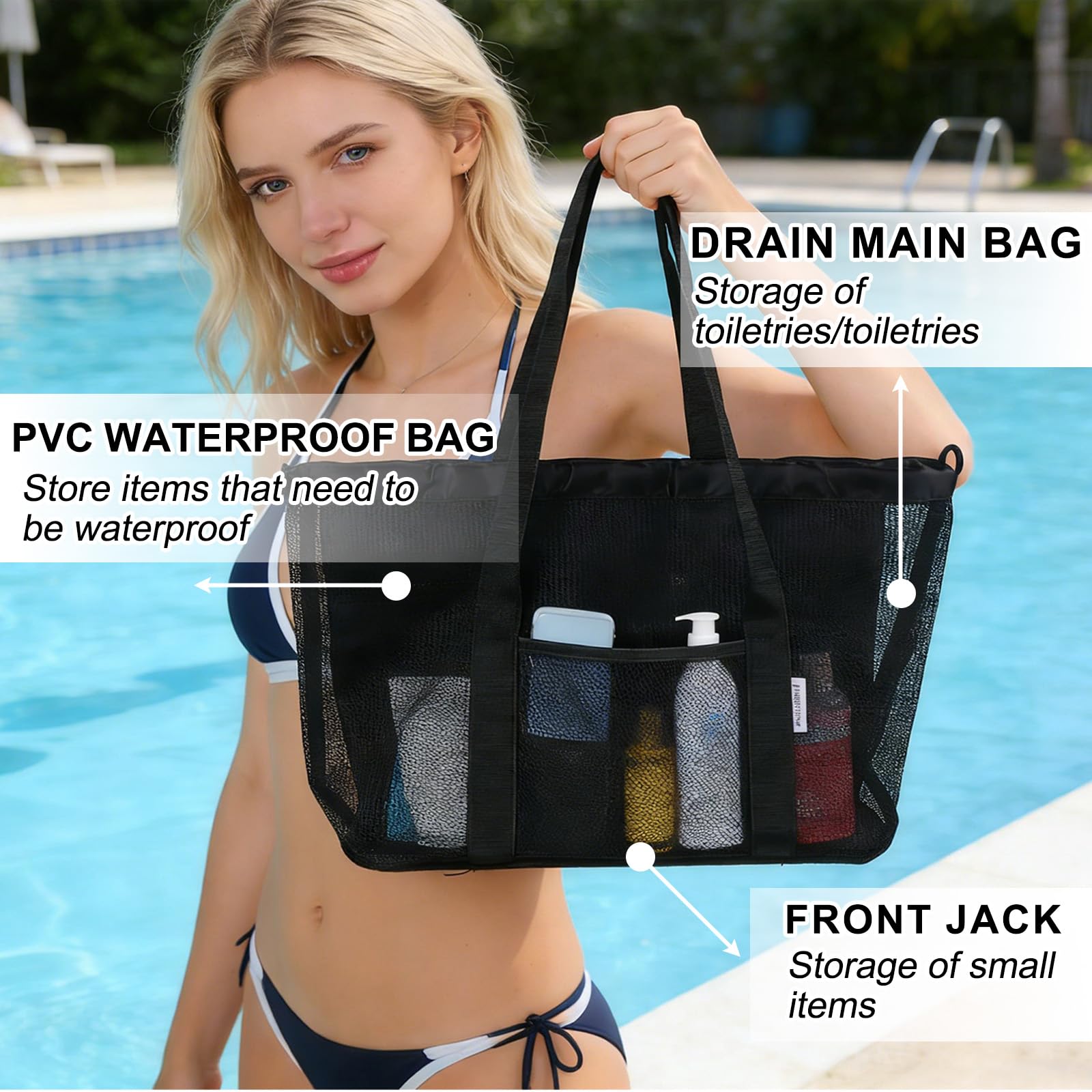 Borsa Mare in Rete, Borsa Spiaggia Donna Di Grande Capacità con Separazione Bagnato-Asciutto,Tasca Impermeabile in Pvc, Chiusura A Cordino, Beach Bag Leggera per Piscina, Vacanze, Viaggio | Traspirante