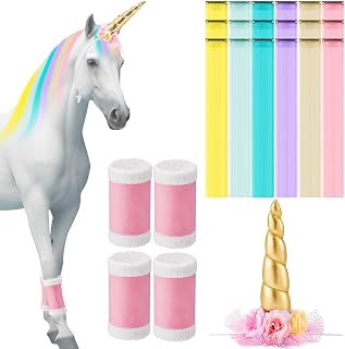 Juexica 23 Pcs Horse Costume, Include 1 Unicorn Horn, 18 Clip in Hair Extensions, 4 Leg Wraps for Real Horses Western Party Bling Accessory