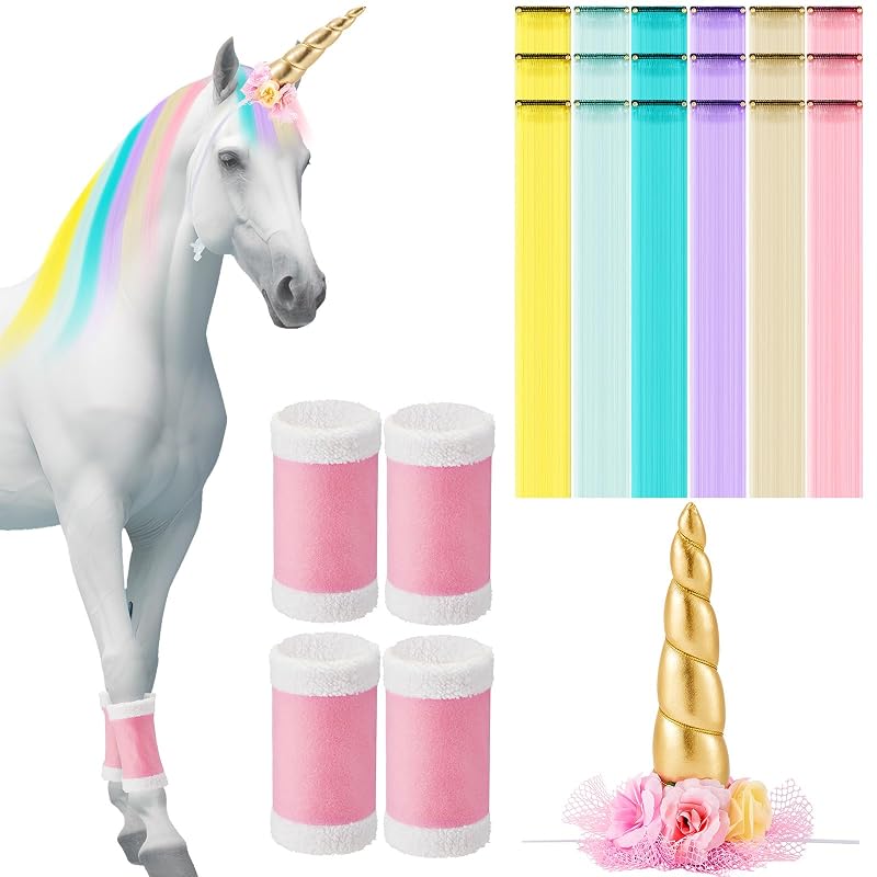 Fantasia de Unicórnio para Cavalos Juexica com Chifre, Extensões de Cauda e Bandagens Rosa, 23 Peças