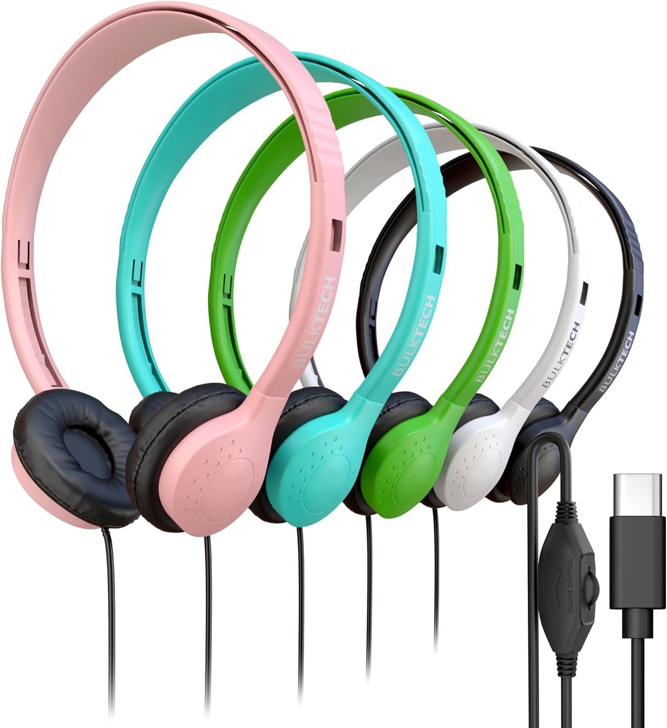 10 Pack Bulk Wired Headphones, Leather, USB-C, On-Ear, Volume Control, Compatible with Phone, Tablet, Laptop, PC for School, Class, Meeting, Conference, Test, Mix