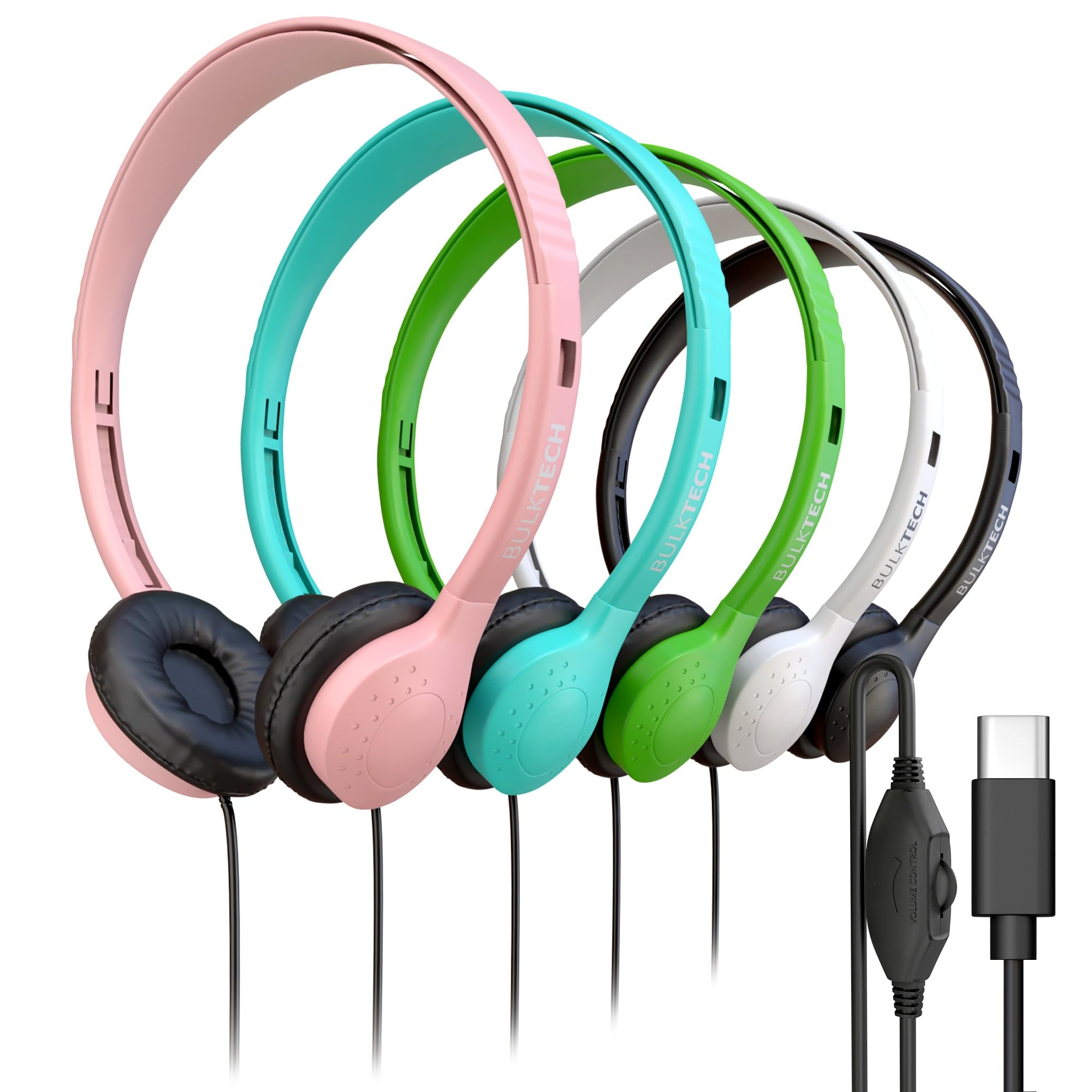 5 Pack Bulk Wired Headphones, Leather, USB-C, On-Ear, Volume Control, Compatible with Phone, Tablet, Laptop, PC for School, Class, Meeting, Conference