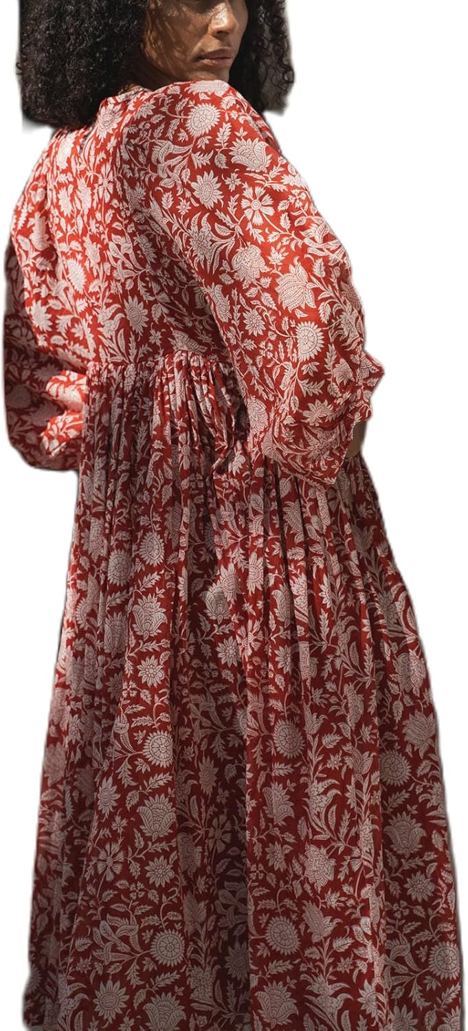 Women Boho Floral Maxi Dresses Summer Puff Sleeve Self-tie V Neck Beach Swing Casual Flowy Long Dress