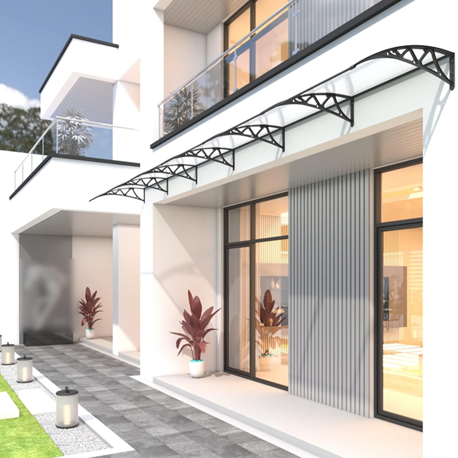Moderno toldo de policarbonato con soporte de aluminio para puerta delantera/ventana, silencioso y autolimpiable, toldo de porche con obturador solar, protección UV, lluvia y nieve (80 x 310 cm)