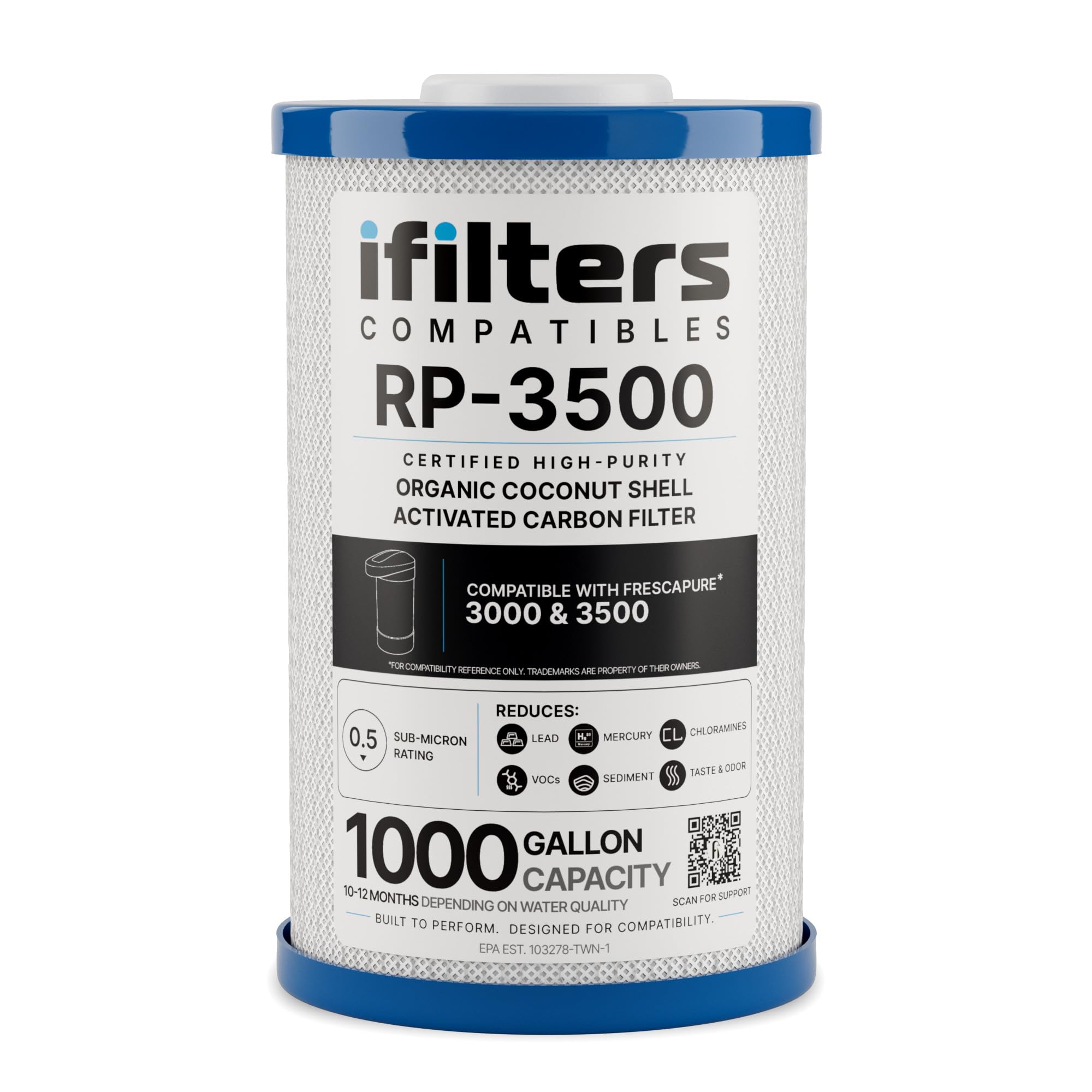 iFilters Cartucho de repuesto de filtro de agua potable de bloque de carbono RP-3500, 1000 GPD - 0.5 micrones | 100% compatible con Frescapure 3500 WF0451 | Reduce plomo, quistes, sedimentos