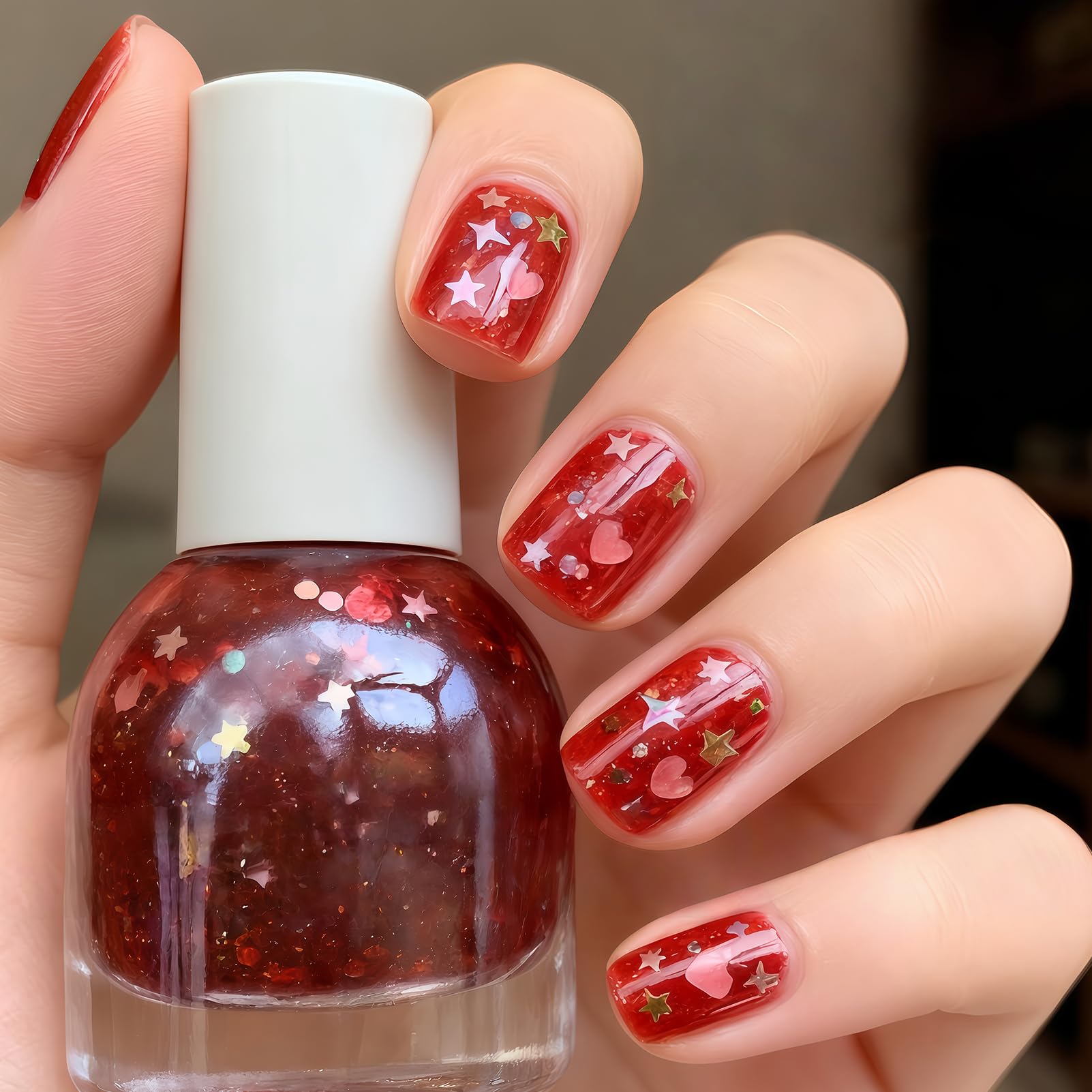 Chunky Star Jelly Glitter Nail Polish – Water-Based Peel Off, Quick Dry, 10ML, Non-Toxic, Pink Jelly Base with Gold Star & Moon Glitter for Women & Girls: Jelly Red