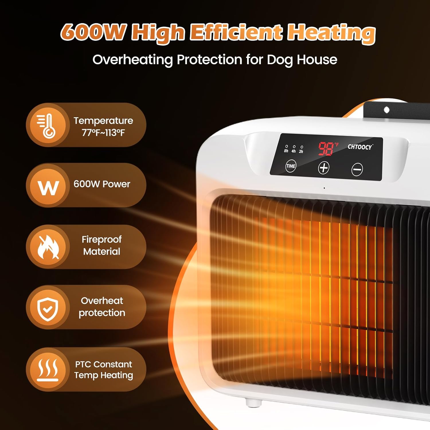 Chtoocy 600W pet heater highlighting its safety features: 600W power, fireproof material, overheat protection, and PTC constant temperature heating.