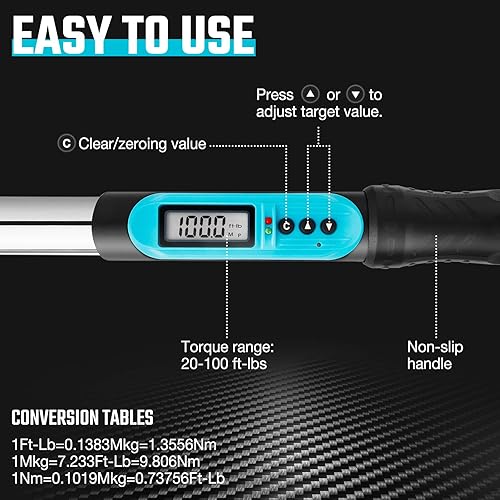 Miniatura 3 de DURATECH Llave dinamométrica digital de 38 pulgadas, llave dinamométrica electrónica (20-100 ft-lbs) con zumbador e indicador LED, trinquete de 36