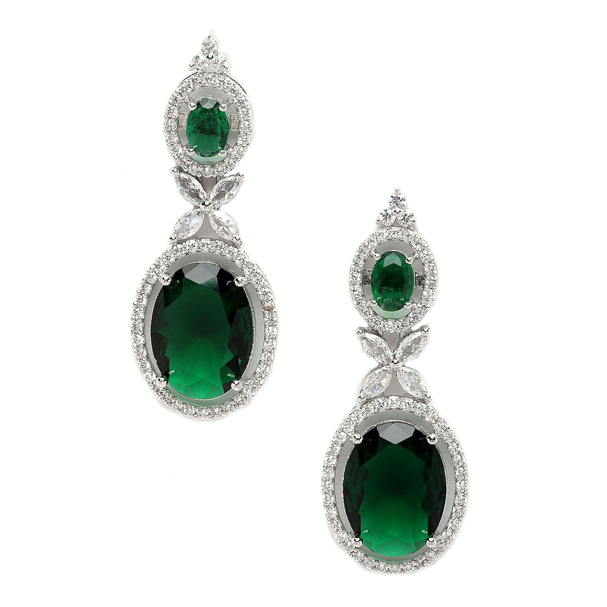 zeneme Oxidised Silver-Plated American Diamond studded Oval Shaped Drop Earrings Jewellery For Girls and Women-picture-32