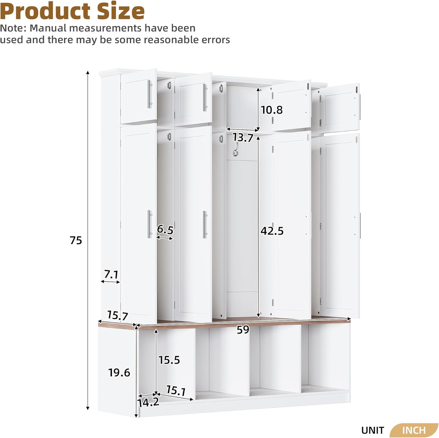 Hall Tree with Entryway Bench and Shoe Cabinet, Multi-Functional Seating Bench with 4 Hanging Hooks and 8 Doors, White