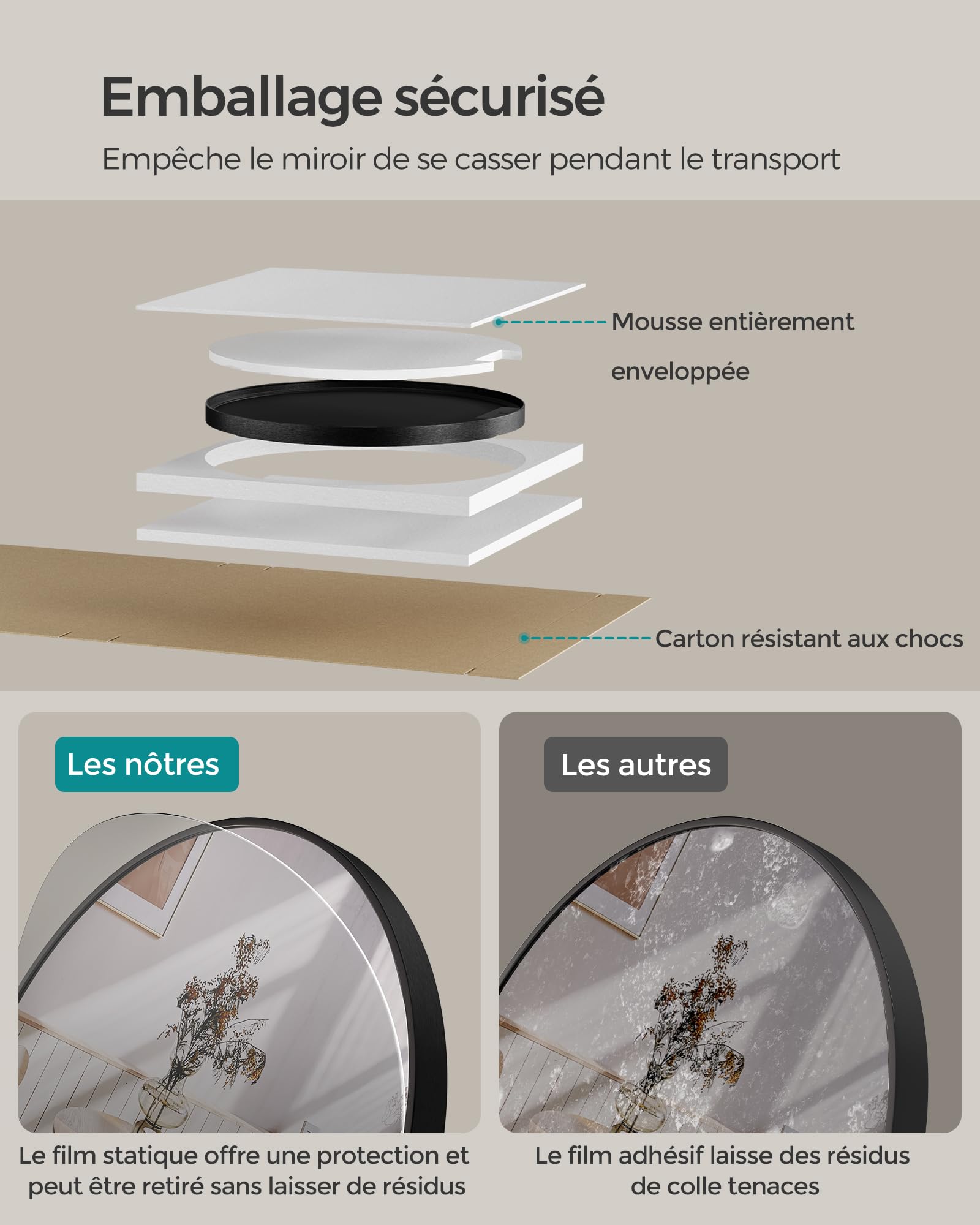 SONGMICS Miroir Rond, Miroir Mural, Diamètre 61 cm, Cadre en Métal, Facile à Installer, pour Salle de Bain, Salon, Chambre, Entrée, Couloir, Noir d'encre LWM102B01