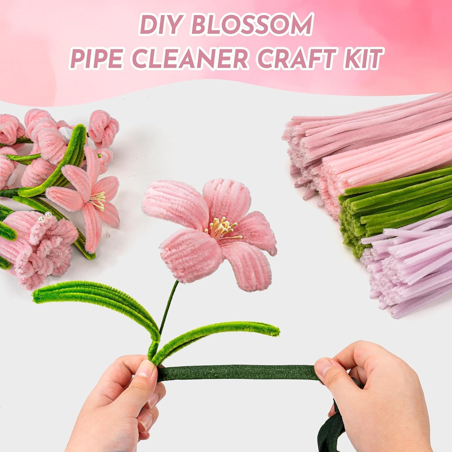 HKEUZEZO Pipe Cleaners Craft Kit for Flower Making, Complete DIY Flower Craft Set with Chenille Stems, Craft Wire, Stamen, Tape, Ribbon & More, Perfect for Arts, Gifts & Decorations