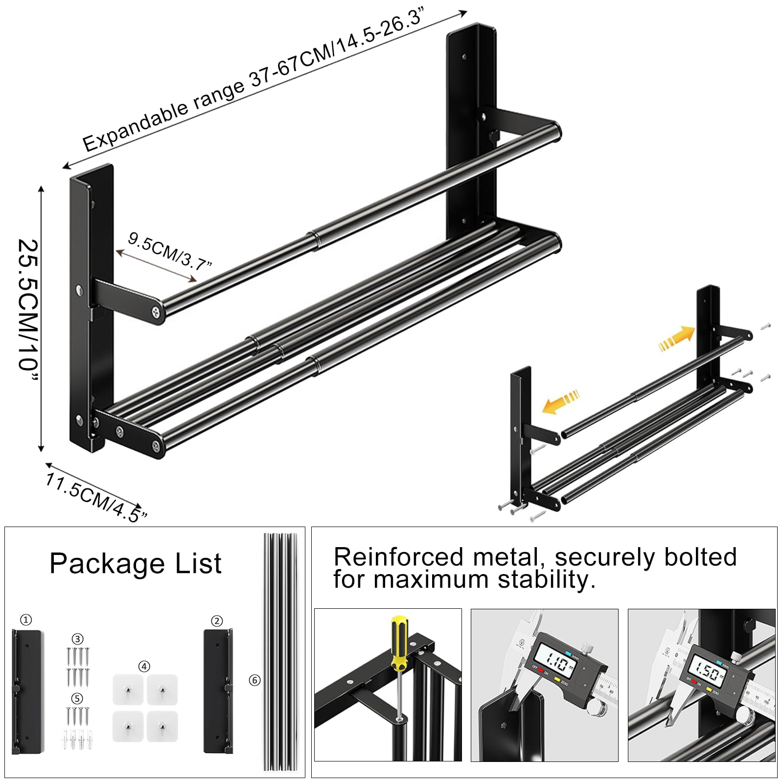 Schuhregal Wand Schmal, Schuhregal Metall Schwarz 2 Ebenen, 37-67cm Ausziehbar, Schuhaufbewahrung Platzsparend für 6 Paar Schuhe, Schuh Organizer für Wohnmobil Korridor Badezimmer