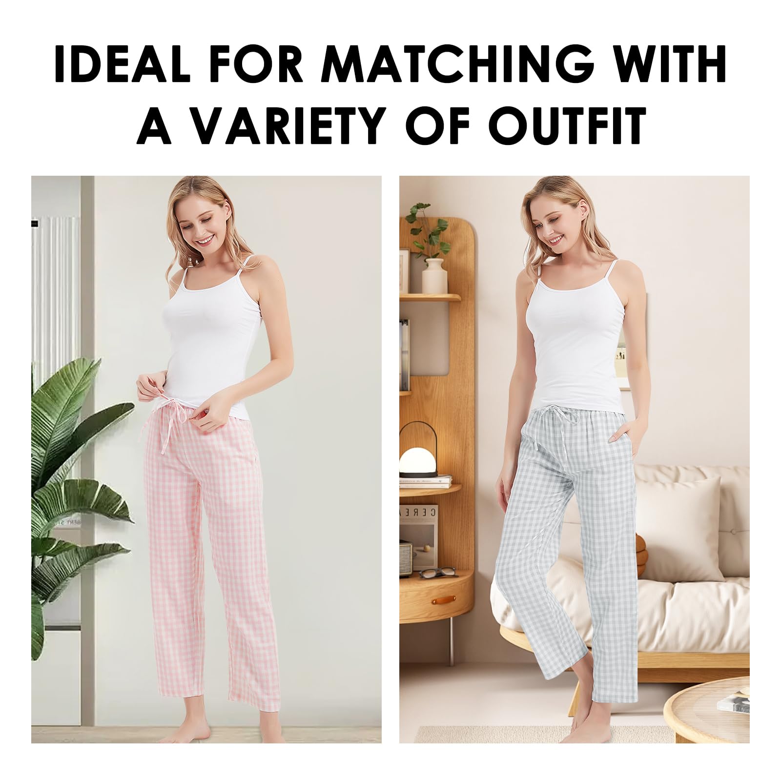 HomyComy Pantaloni Pigiama Donna Quadri Pantaloni del Pigiama da Notte in Cotone Comodi con Tasche