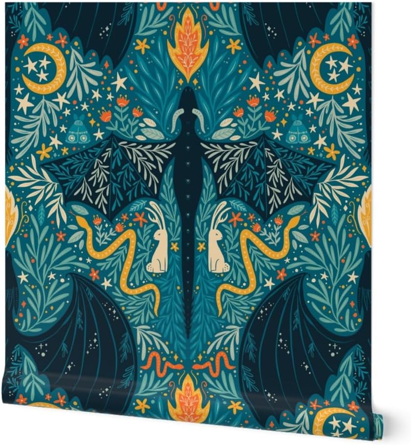 Removable Wallpaper 6ft x 2ft - Folk Dragons Fairy Tale Botanical Whimsical Room Magical Dragons Jackalopes Maximalist Custom Pre-Pasted Wallpaper by Spoonflower