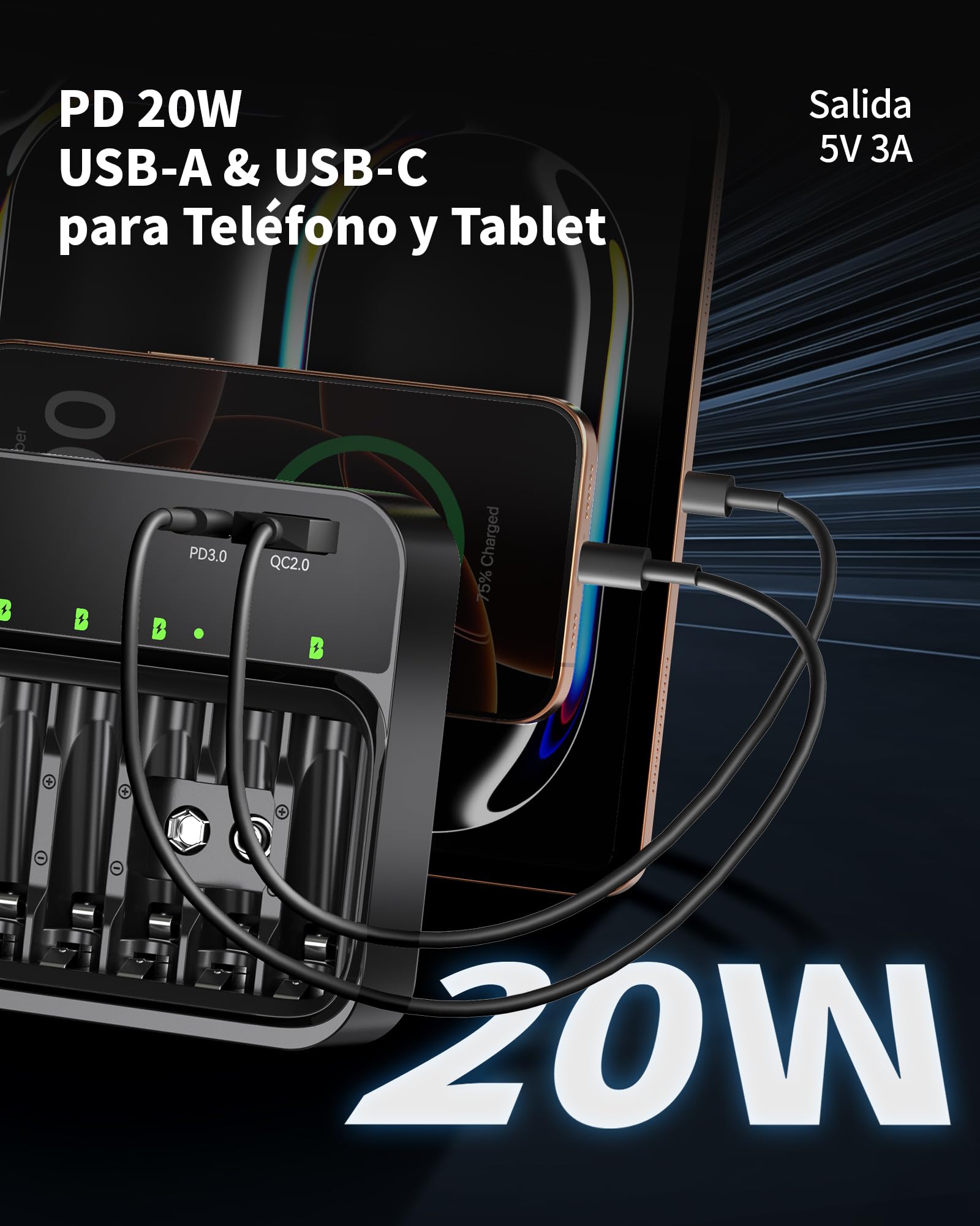 EBL Cargador de Pilas para AA AAA 9V, 8 Ranuras Independientes con Cargador de Batería USB-C PD3.0 & Entrada Micro USB, Cargador Rápido — view 3
