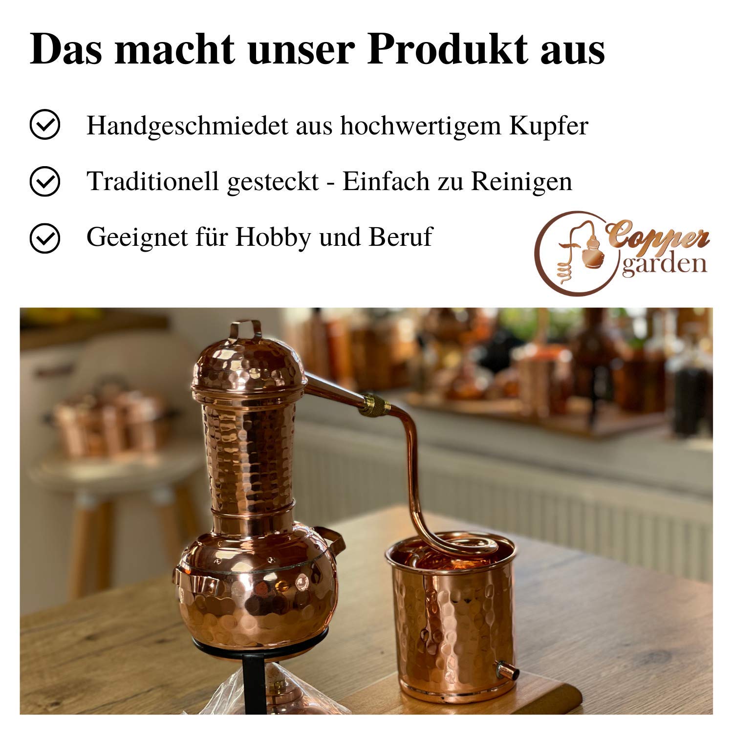 CopperGarden Kupfer Destille ARABIA 0,5 Liter I Geniale Tischdestille mit Aromasieb & Spiritusbrenner im Miniformat I Legales Destilliergerät für ätherische Öle/Hydrolate/Düfte/Wasser etc.