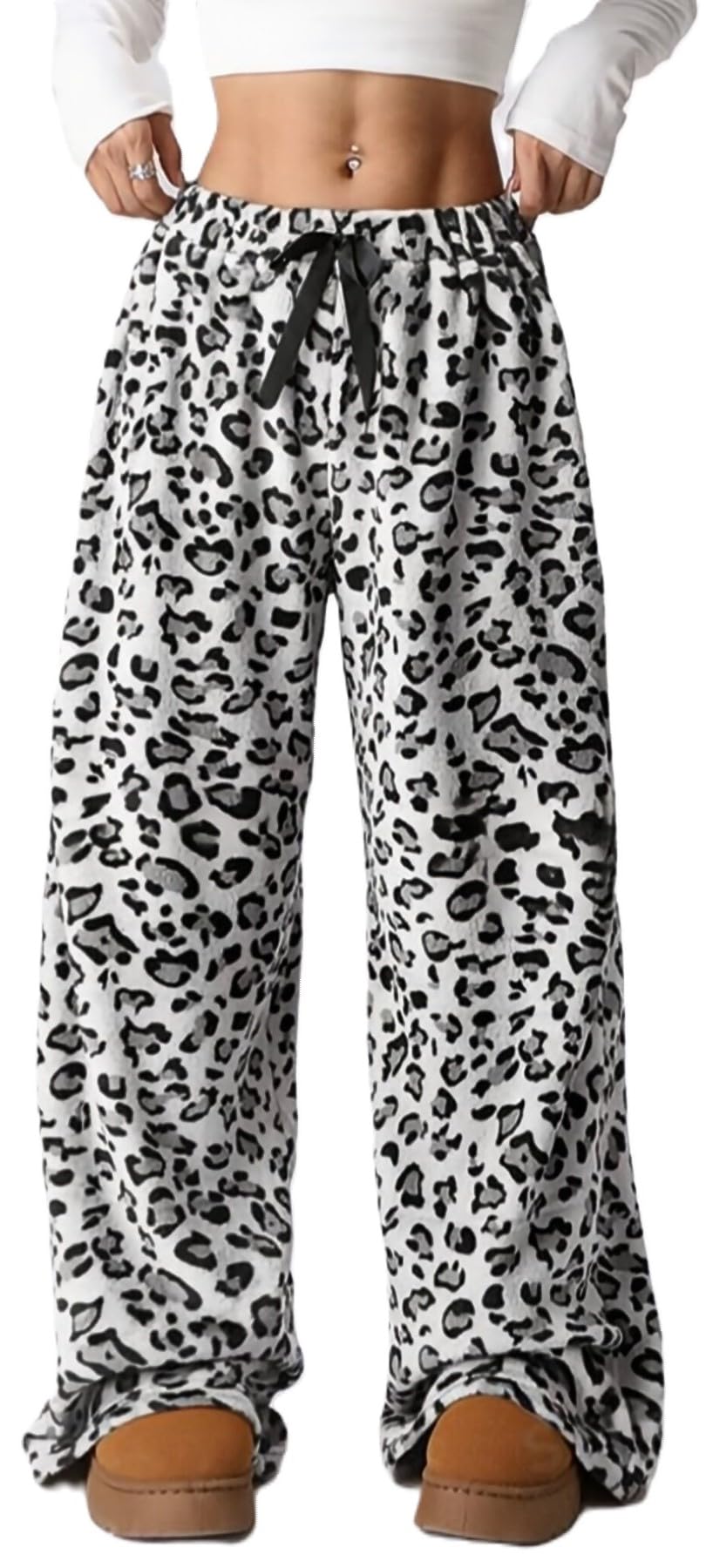 WINKEEY Mujer Pantalones de Pijama Largo Peludo Leopardo Pantalon Pijama Mujers Suaves Cómodas Partes de Abajo de Pijamas Otoño Invierno