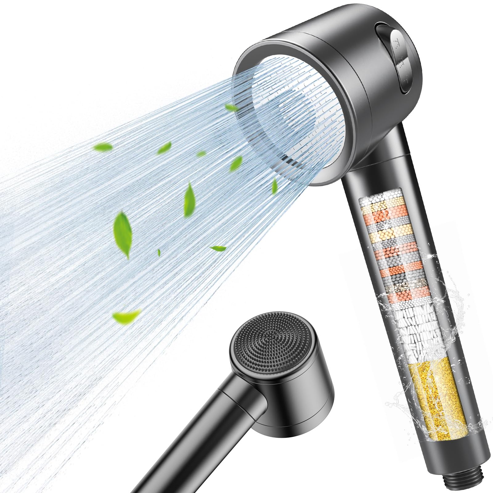 PWERAN Hochdruck Handbrause,Duschkopf mit Filter,3+1 Strahlarten, Grau | Handbrause Doppelfiltration, Gegen Kalk, Wassersparend,Hochdruck, Brausekopf für Dusche, Chlorentfernung, Schwermetalle