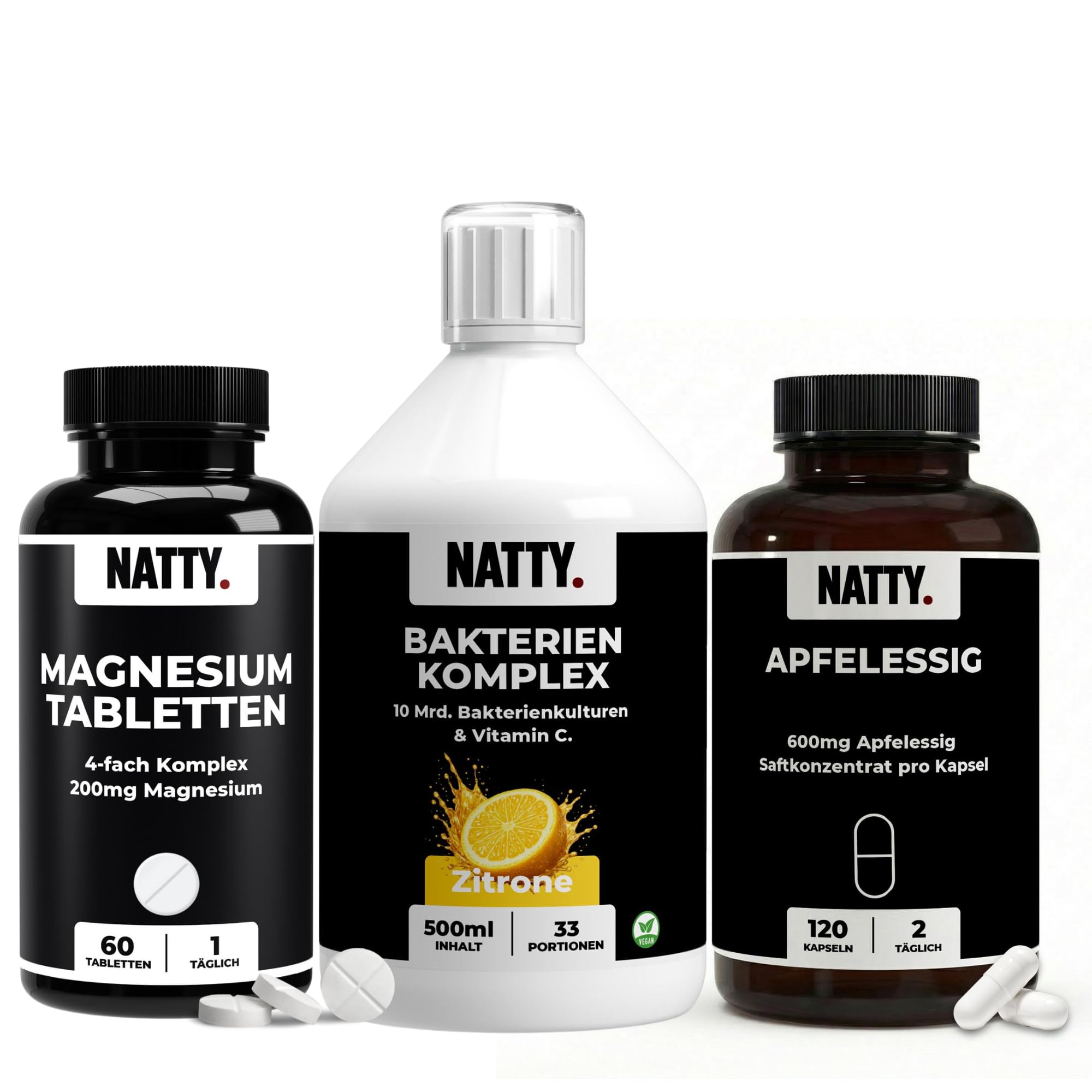 NATTY Bauchwohl Bundle 60 Tage – Bakterienkulturen Komplex mit 10 Mrd. KBE, Apfelessig Kapseln & Magnesium 4-fach Komplex – veganes Nahrungsergänzungs-Set, 4-teilig