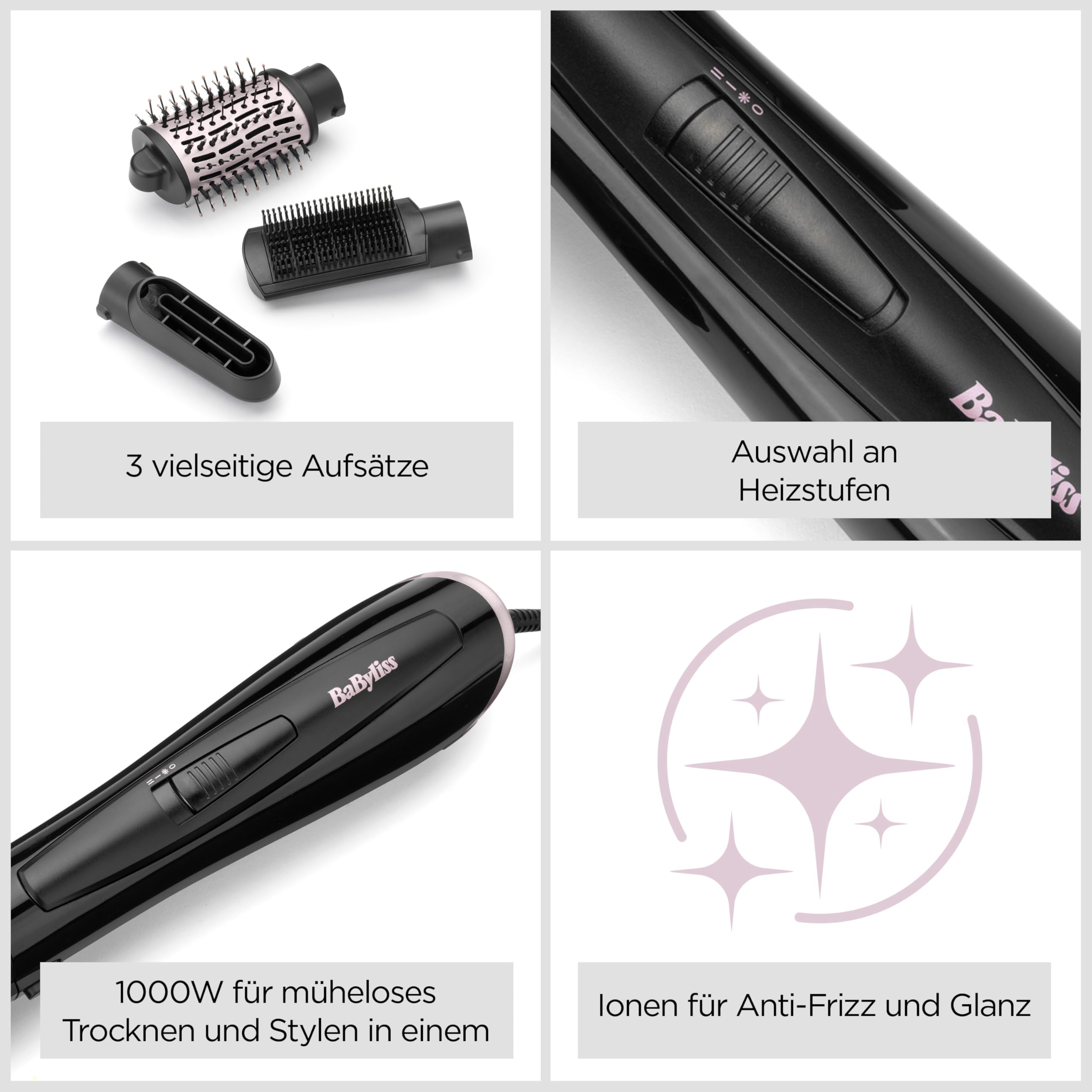 BaByliss Style Smooth 1000, 3-in-1 Warmluftbürste zum Föhnen, Glätten und für Volumen, 1000W, AS128E