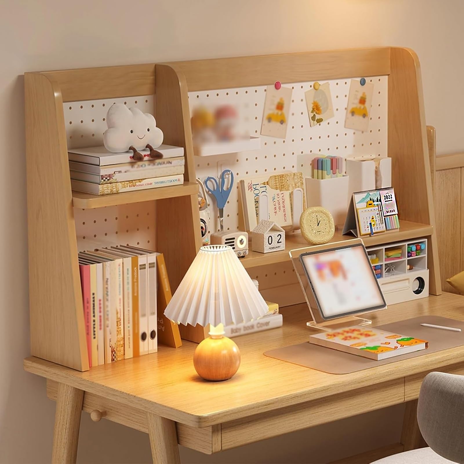 JOUFNING Solid Wood Computer Desk Bookcase - Ladder Desktop Bookshelf, Multipurpose Desk Hutch Storage Organizer, with Metal Pegboard, for Home Office Dorm(Natural,75cm/30in)