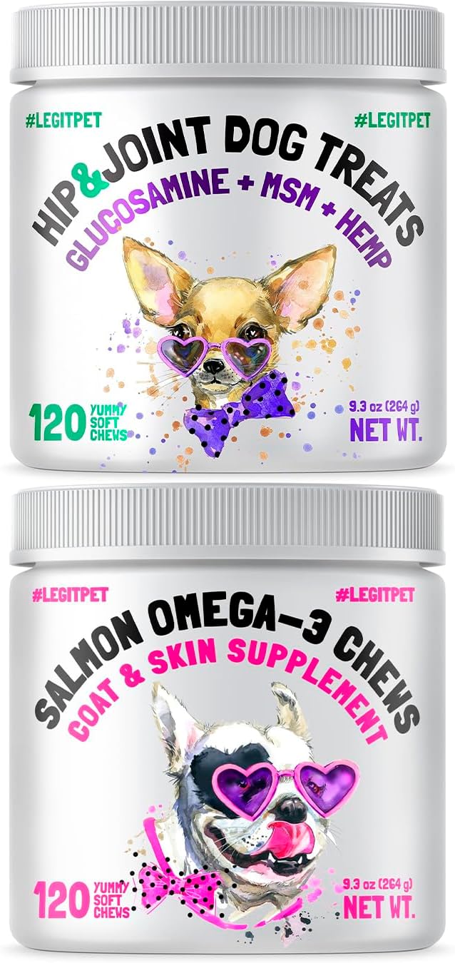 Hemp Hip & Joint Supplement for Dogs 120 Soft Chews and Omega 3 Alaskan Salmon Oil Treats for Dogs 120 Chews