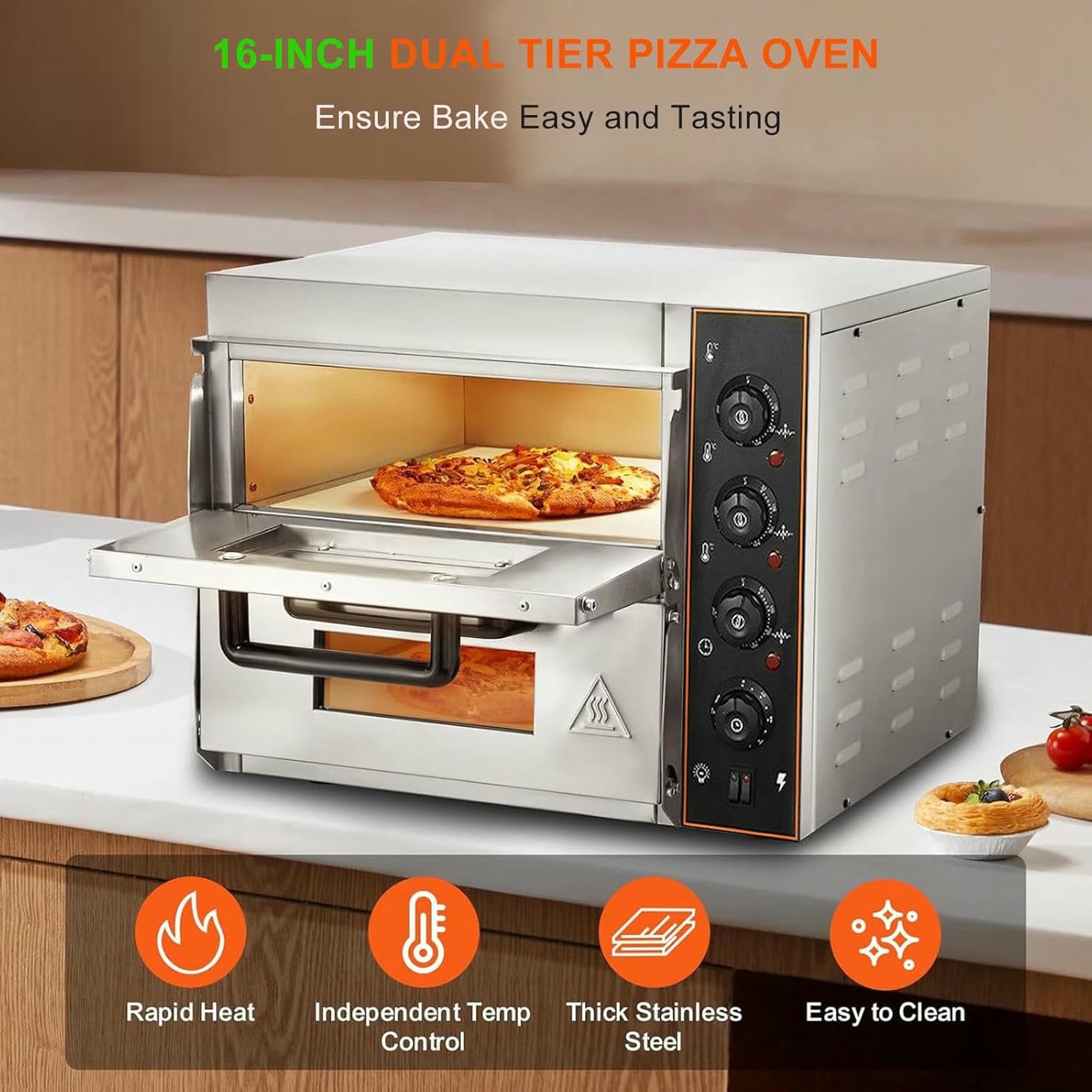Forno Di Pizza Controsoffitto Commerciale, Tostapane Elettrico In Acciaio Inossidabile Con Manico E Griglia 40 Cm Per Pretzel In Cottura A Doppio Ponte Fatto In Casa, Timer Da 10-60 Minuti, 3000W