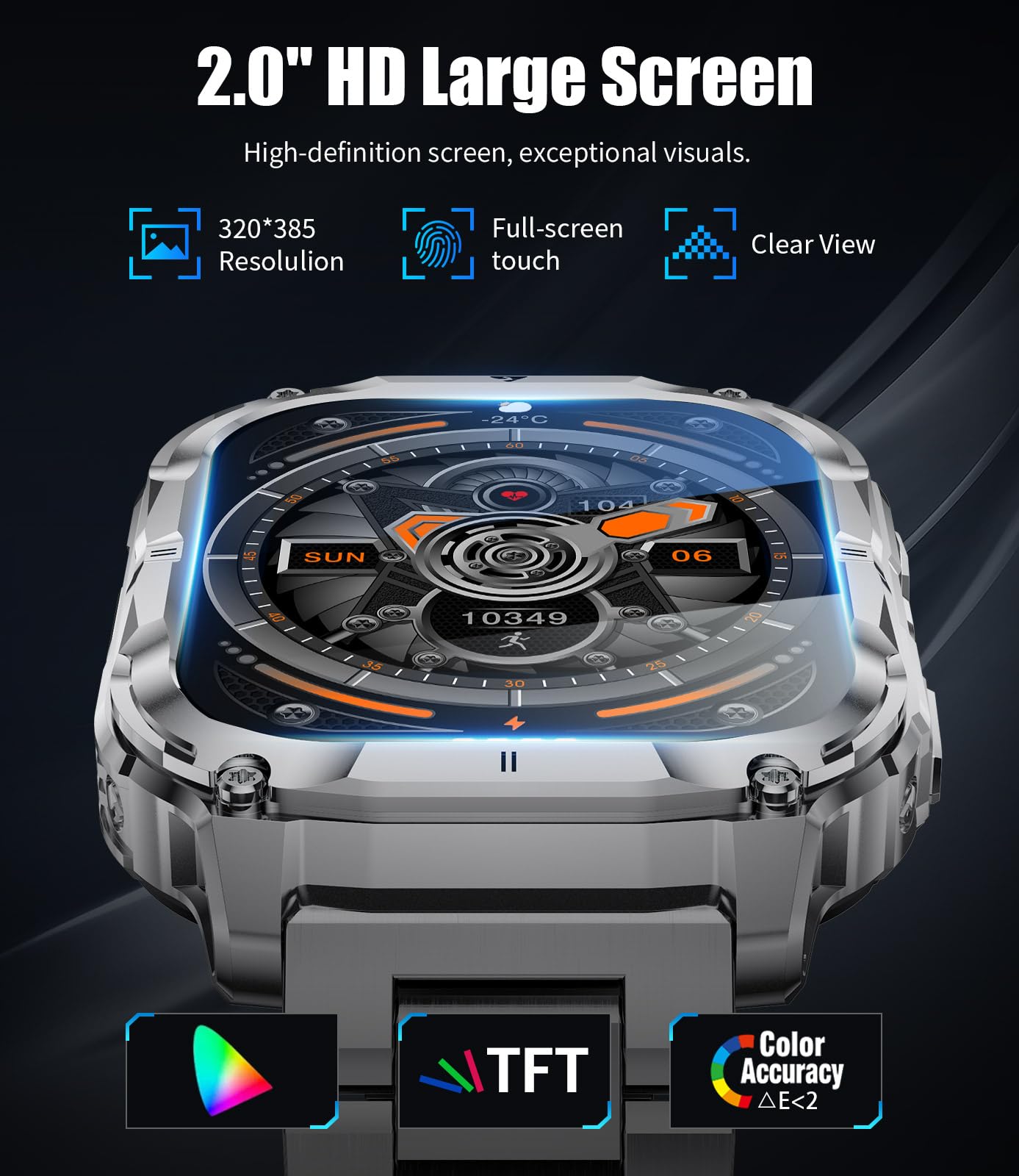 Smartwatch Uomo Militare con Chiamate Bluetooth, Notifica, 2,0"HD Display/Torcia/1000 mAh, 2 Cavi di Ricarica, 100+ Modalità Sportive Fitness Tracker Compatibile Android e iOS, IP68, Argento