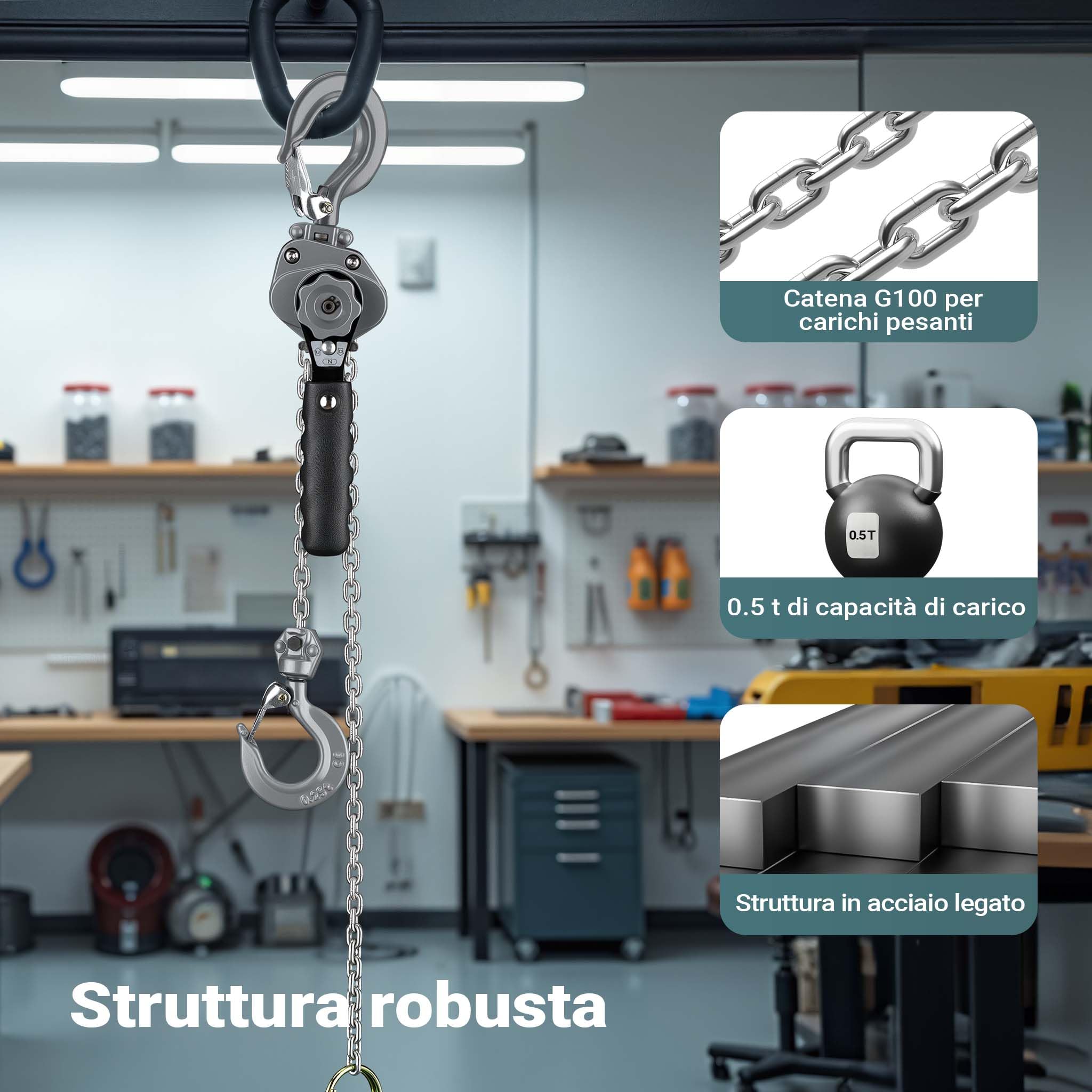 Wiltec Mini paranco a catena manuale VM0.5 fino a 500 kg, altezza di sollevamento di 1,5 m, in alluminio, per il sollevamento di carichi pesanti