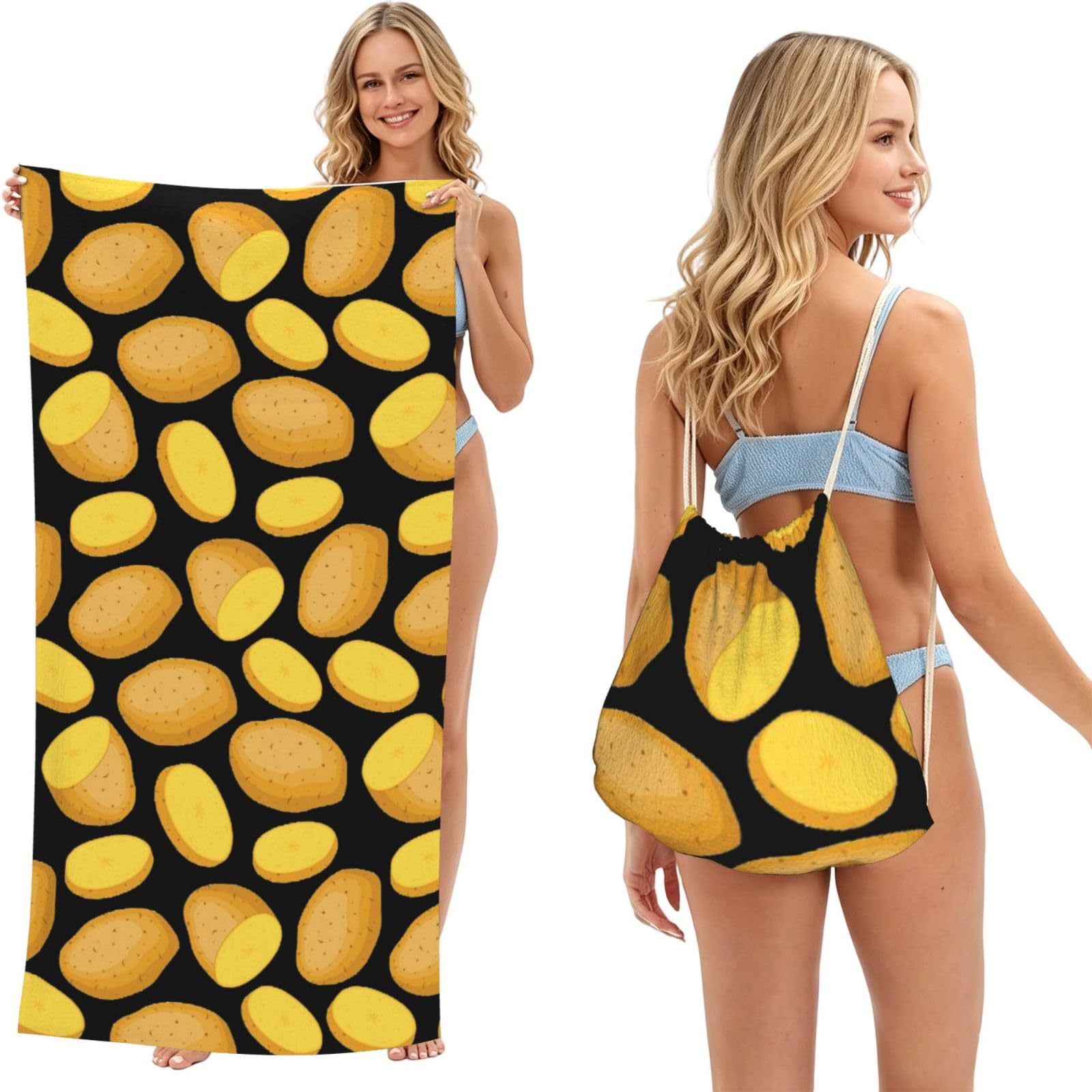 Poadnly As Picture Vegetable Potato, 2 In 1 Packable Towel Bag, Beach Towels With Drawstring Backpack For Travel Holiday Camping