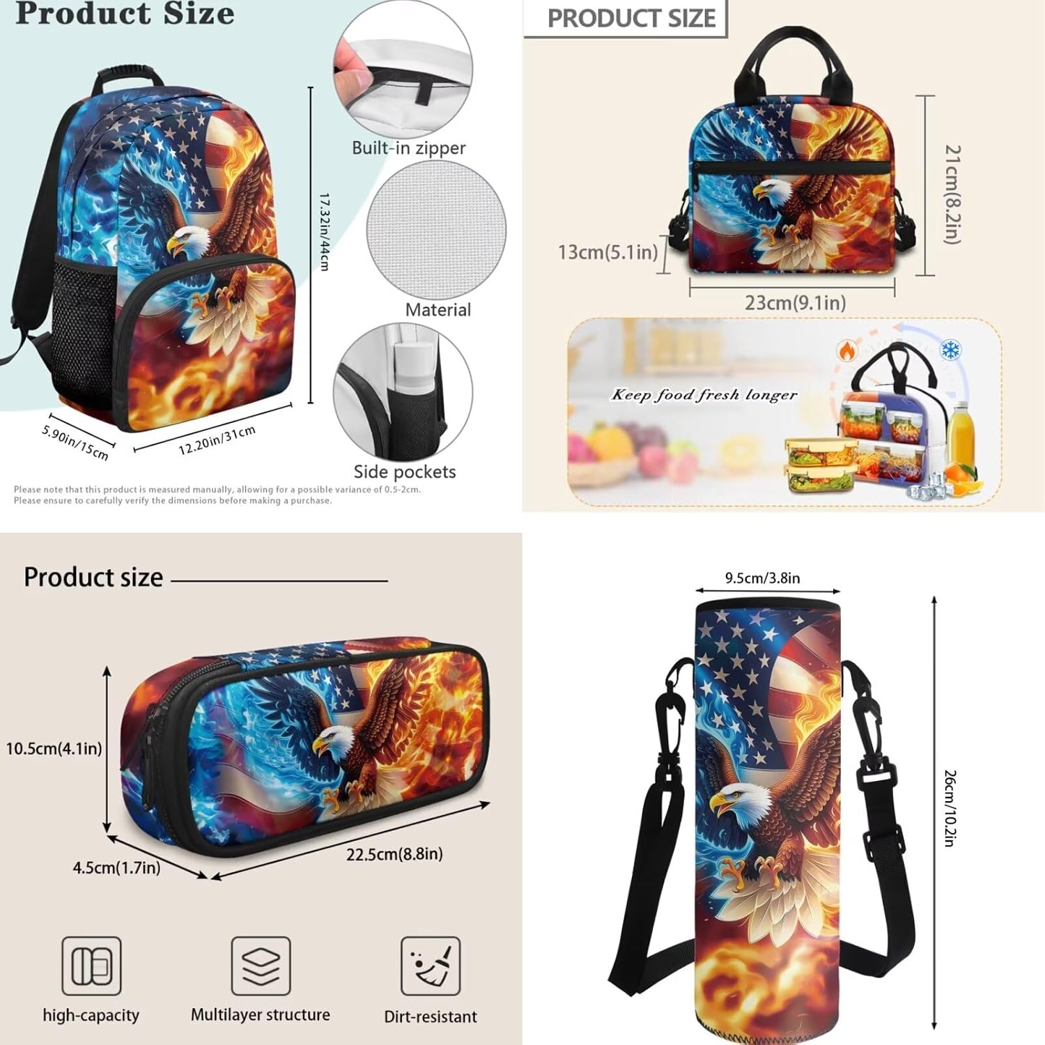 Bulopur Eagle American Flag Print Kids Backpack Boys Elementary School 17 Inch Bookbag With Lunch Bag Water Bottle Holder Keychain Pencil Case 5 Piece Boys Backpack Set School Supplies
