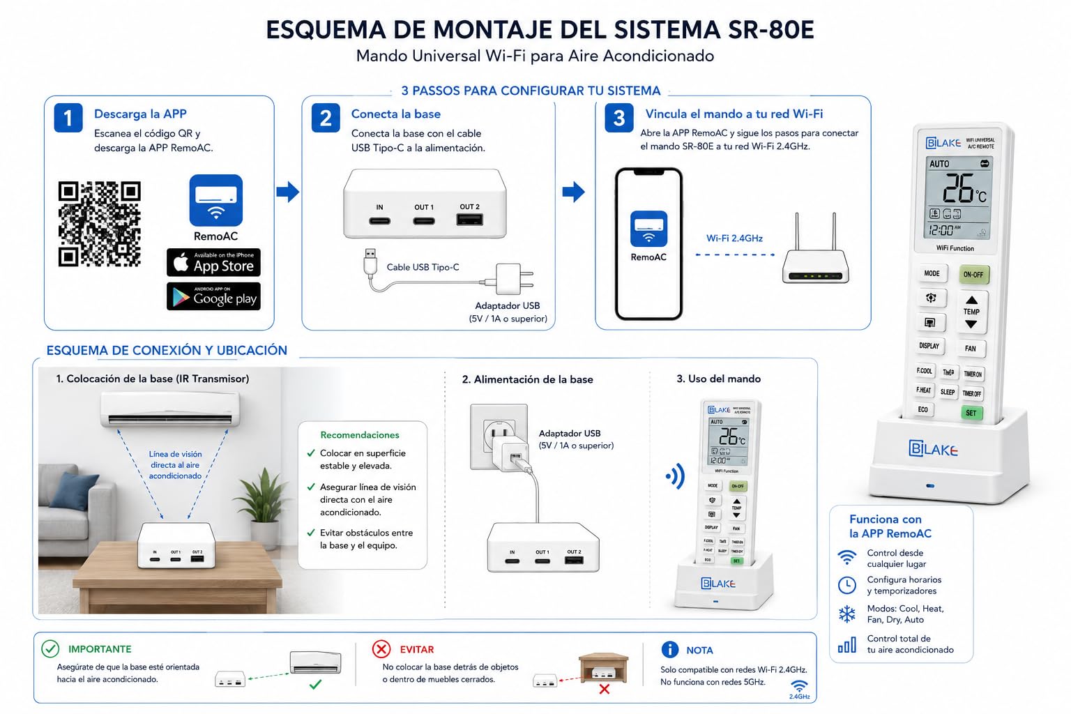 Bilake Mando Universal WiFi Aire Acondicionado K-390EW