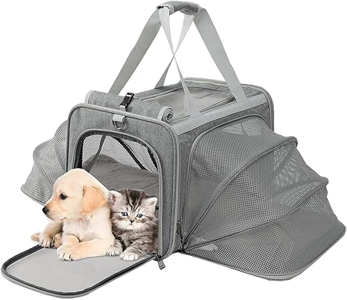 Miniatura 4 de Transportador para perros y gatos, color gris, suave, para mascotas, aprobado por aerolíneas, para perros pequeños, 2 lados expandidos, elegante