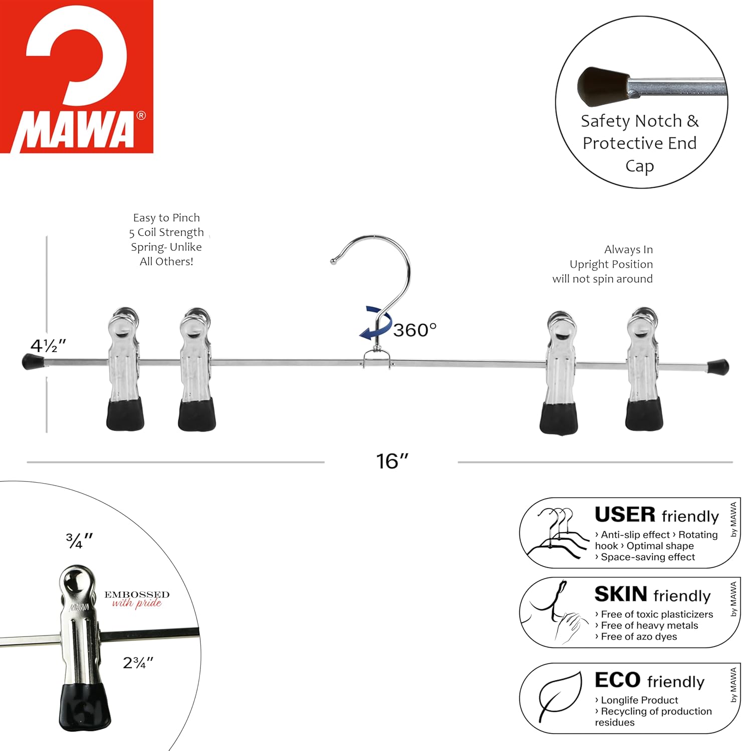 Mawa by Reston Lloyd, Space-Saving Pant Hanger with Rotating Hook, 4 Extra-Large Adjustable Pant Clips, 16 inch Wide, Black, Set of 2