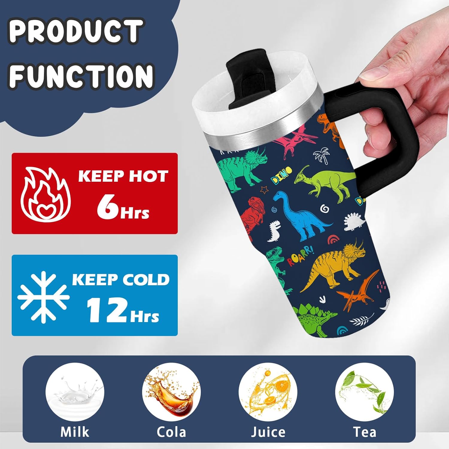 Dinosaur Tumbler Gifts, 14oz Dinosaur Themed Tumbler with Handle and Straw, Stainless Steel Double Wall Vacuum Insulated Cup Keep Hot Cold - 14oz Travel Mug with Lid Tumblers for Home Work Outdoor Use - Image 5