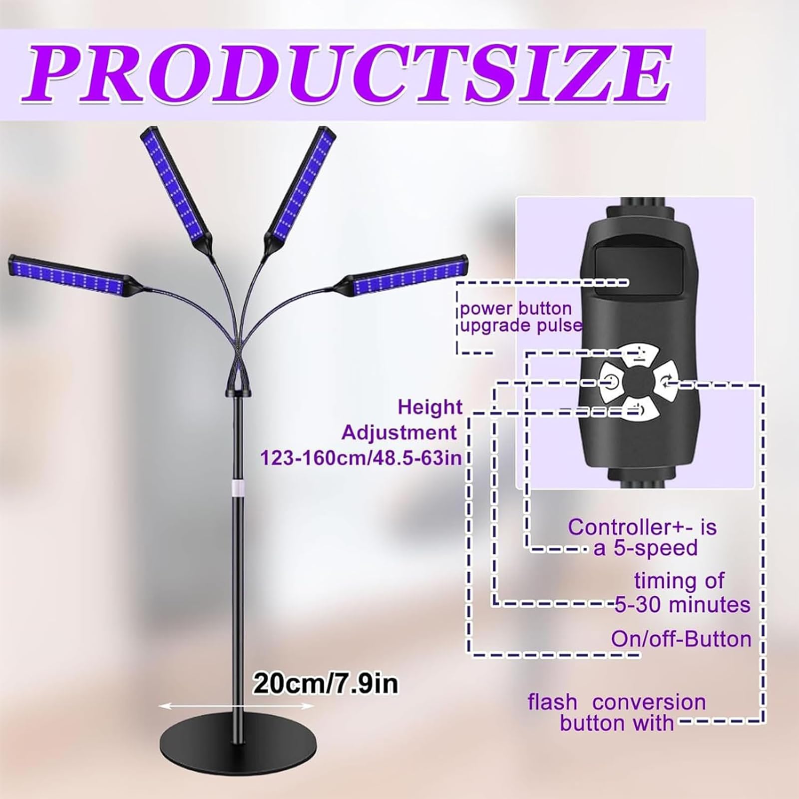 NGARY 4-głowicowa lampa samoopalająca, 40 W, pełne niebieskie światło z 420 diodami LED, timer 5-30 minut, obracana o 360°, przenośna podstawka, 5 poziomów jasności i 3 tryby pracy na twarz i ciało
