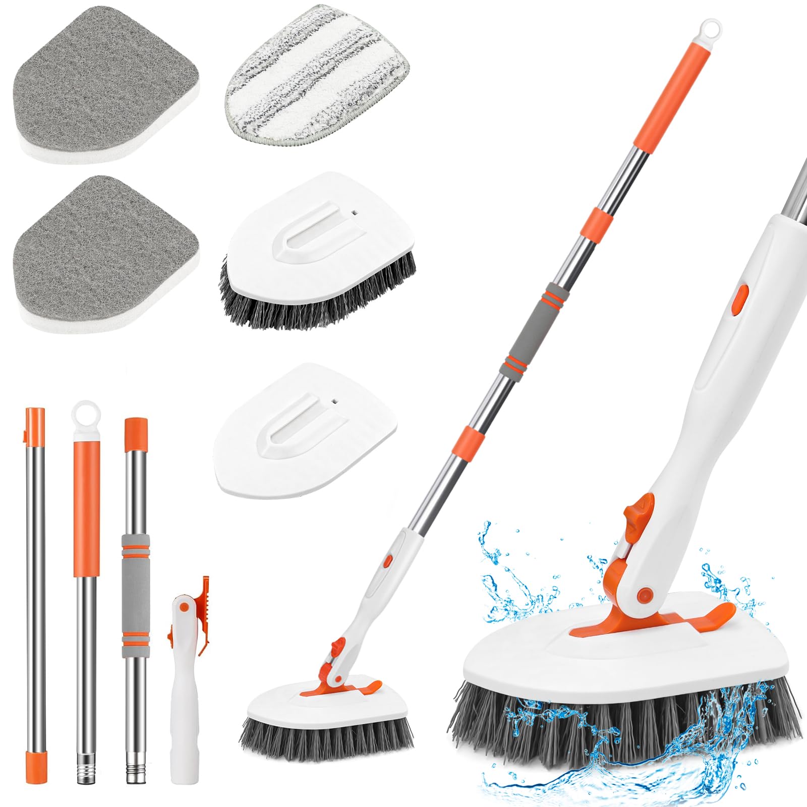 Wenya Orange Shower Cleaning Brush Long Handle, Extendable Tile Scrubber Stiff Bristle Cleaner Brush With Sponge Mop And Microfiber Pad For Bathroom Floor Tile Wall Sink Bathtub