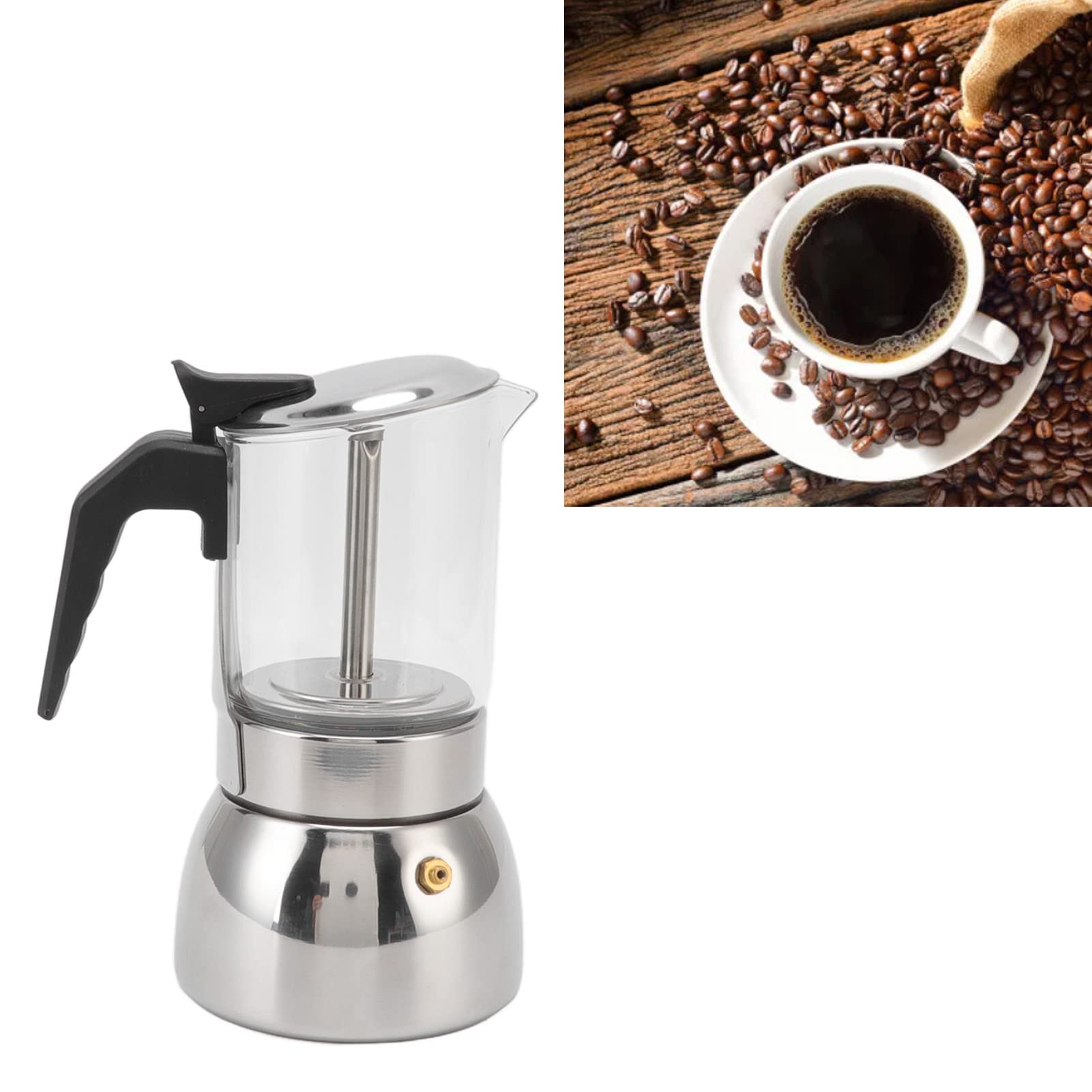 Italiana de Cristal Moka Pot de Acero Inoxidable Resistente Al Calor, Fácil de Limpiar para Uso Doméstico y Cafetería (300ML)