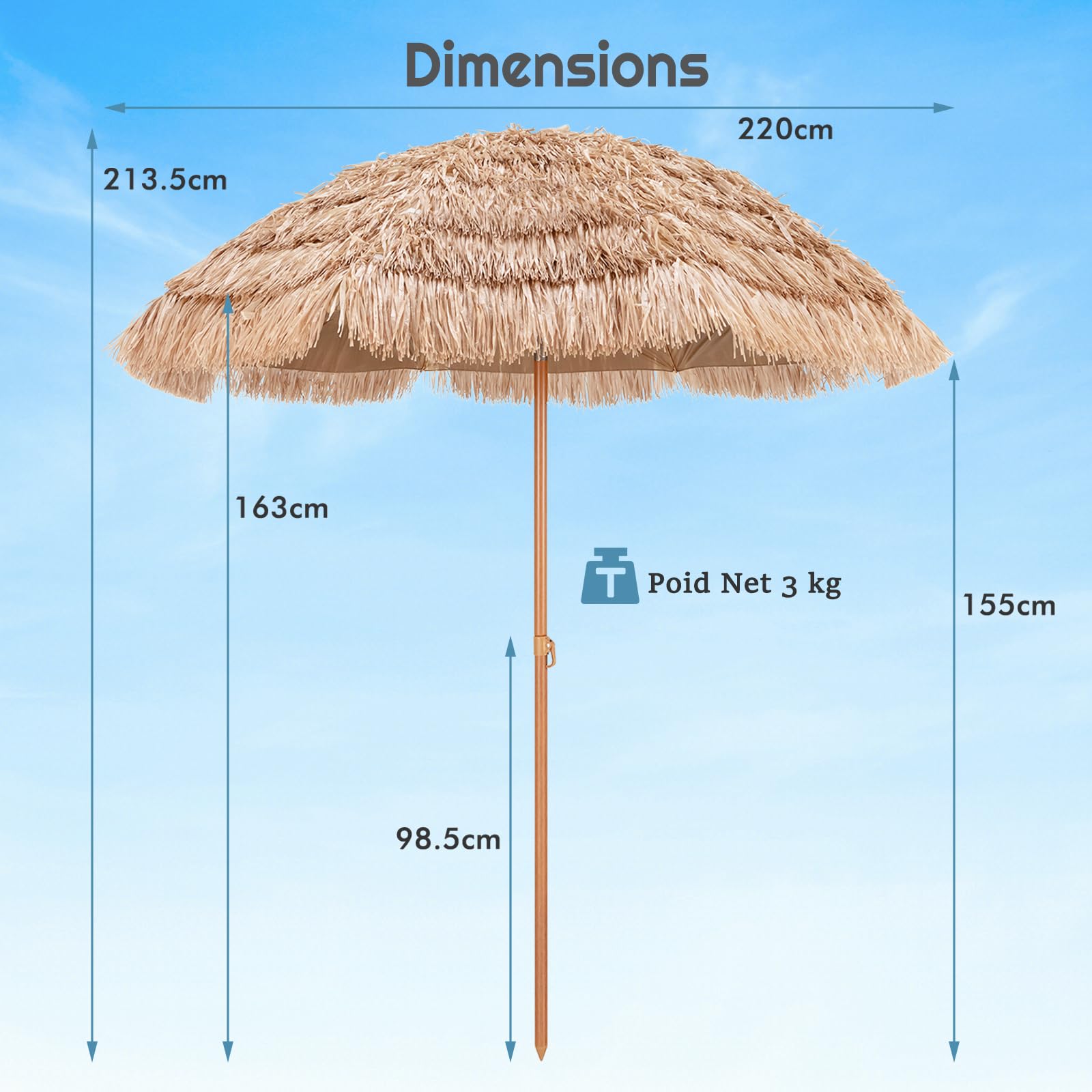 COSTWAY Parasol de Jardin Exterieur Ø220 cm, Parasol Balcon Solaire en Paille PP à 7 Couches, Style Hawaïen Exotique, 30° Inclinaison Réglable et Manivelle, 8 Baleines, pour Jardin Plage Piscine
